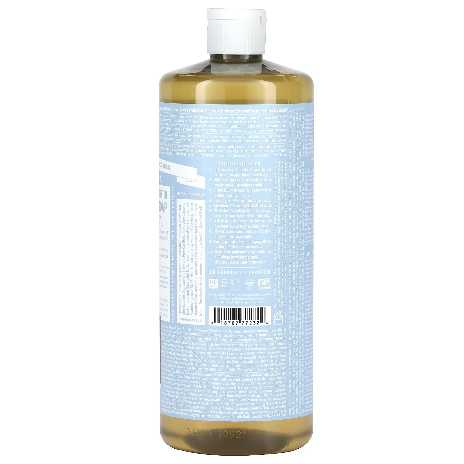 Dr. Bronner's, Чистое кастильское мыло из конопли 18-в-1, детское без запаха, 946 мл (32 жидк. Унции)