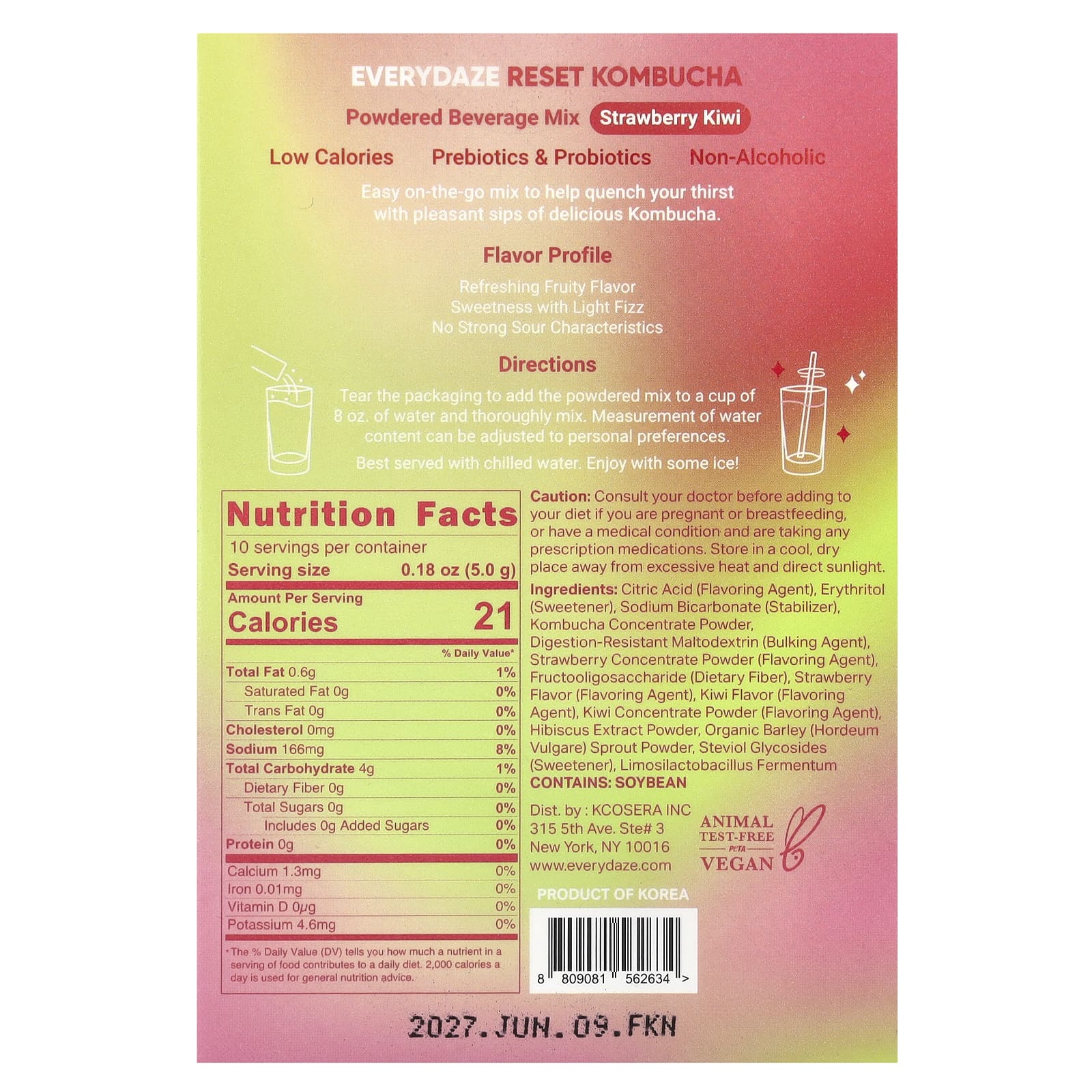 Everydaze, Reset Kombucha, сухая смесь для напитков, клубника и киви, 10 пакетиков по 5 г (0,18 унции)