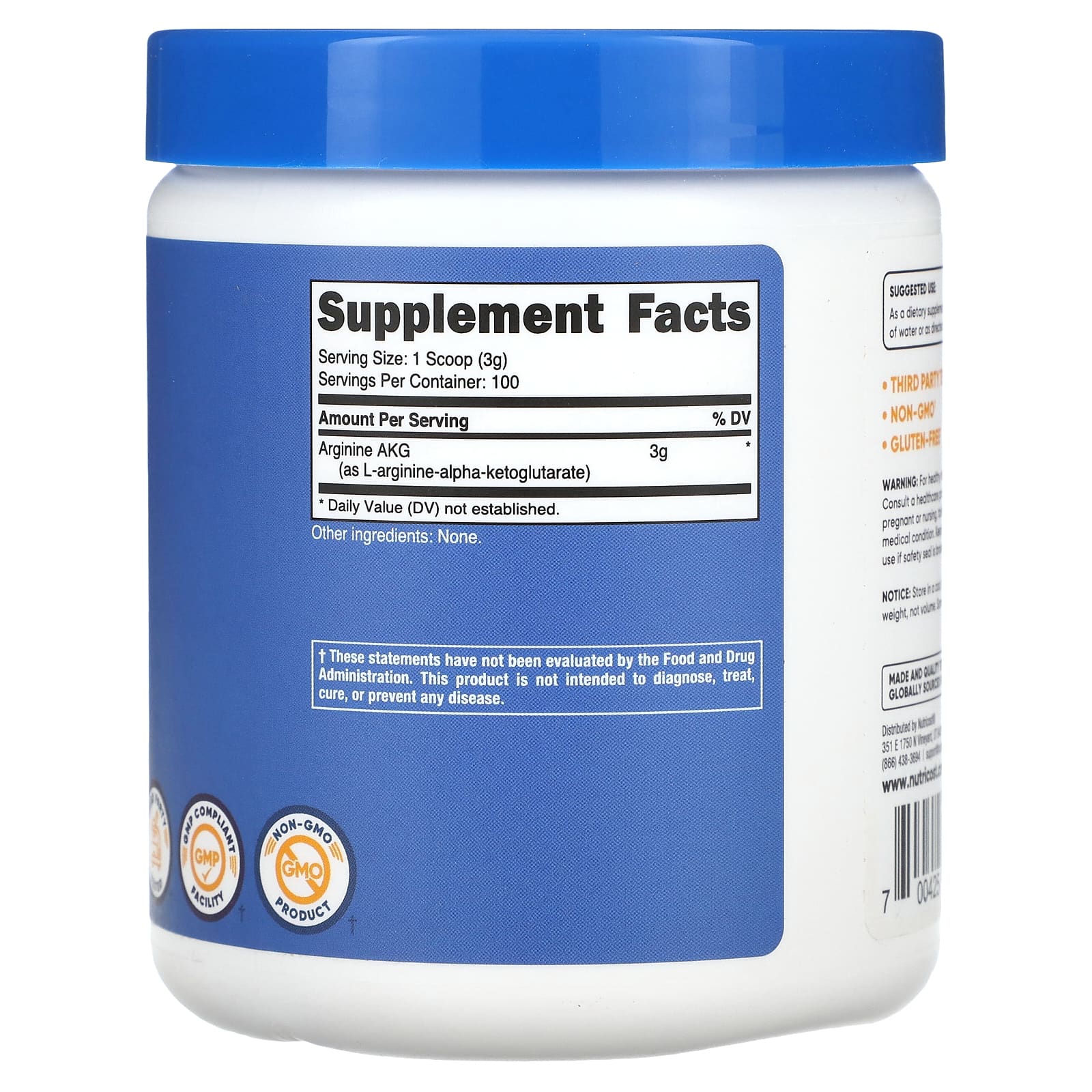 Nutricost, Аргинин AKG, без добавок, 300 г (10,6 унции)