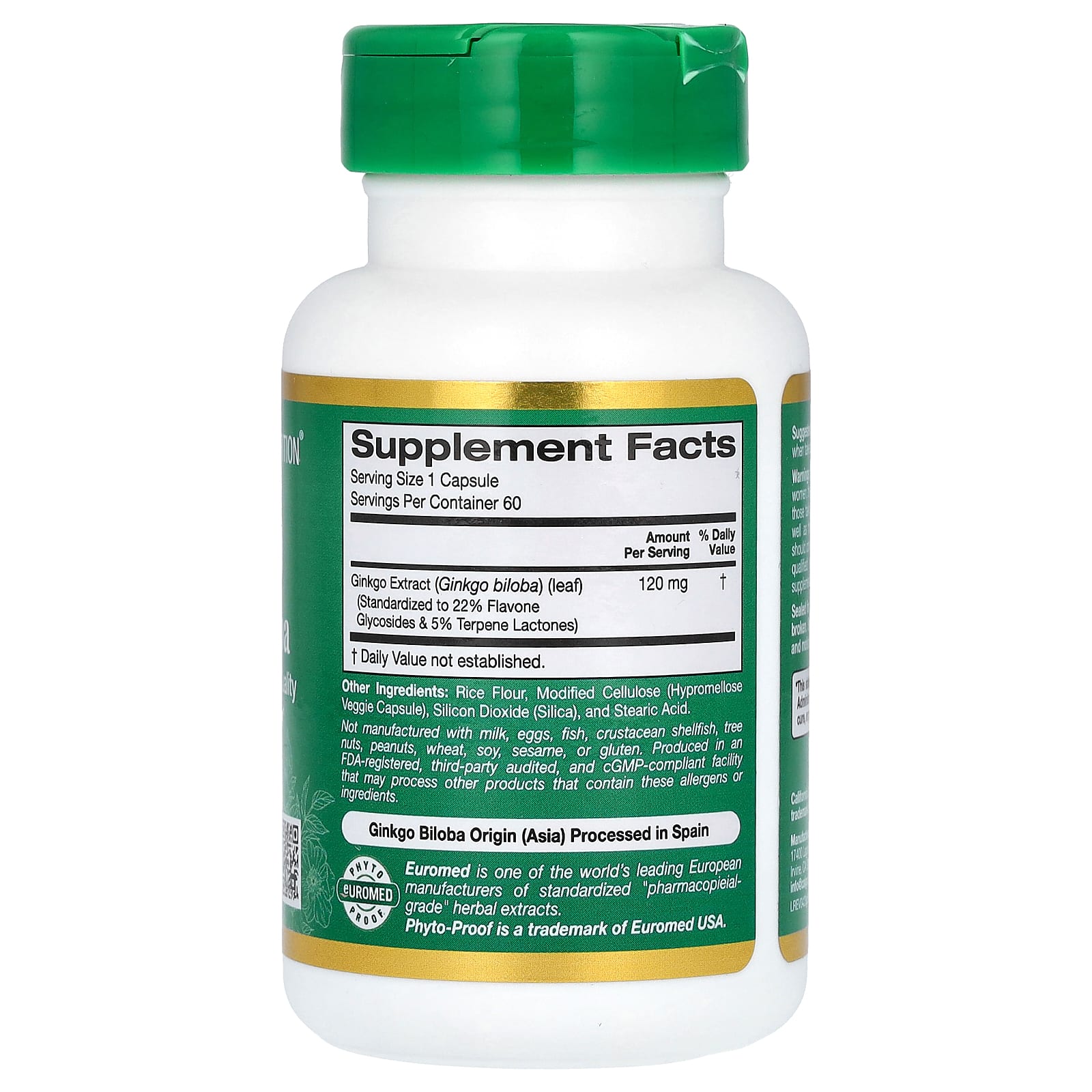 California Gold Nutrition, EuroHerbs, экстракт гинкго билоба, европейское качество, 120 мг, 60 растительных капсул