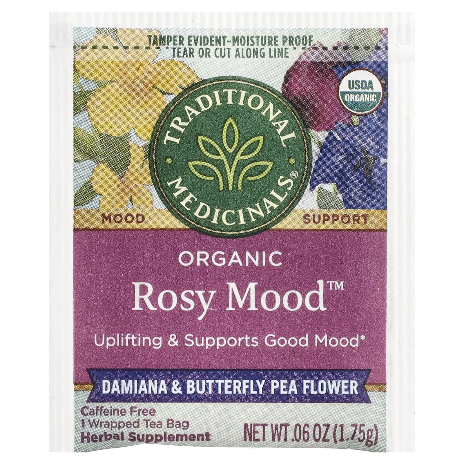 Traditional Medicinals, Organic Rosy Mood ™, дамиана и цветы гороха-бабочки, без кофеина, 16 чайных пакетиков в упаковке, 28 г (0,99 унции)