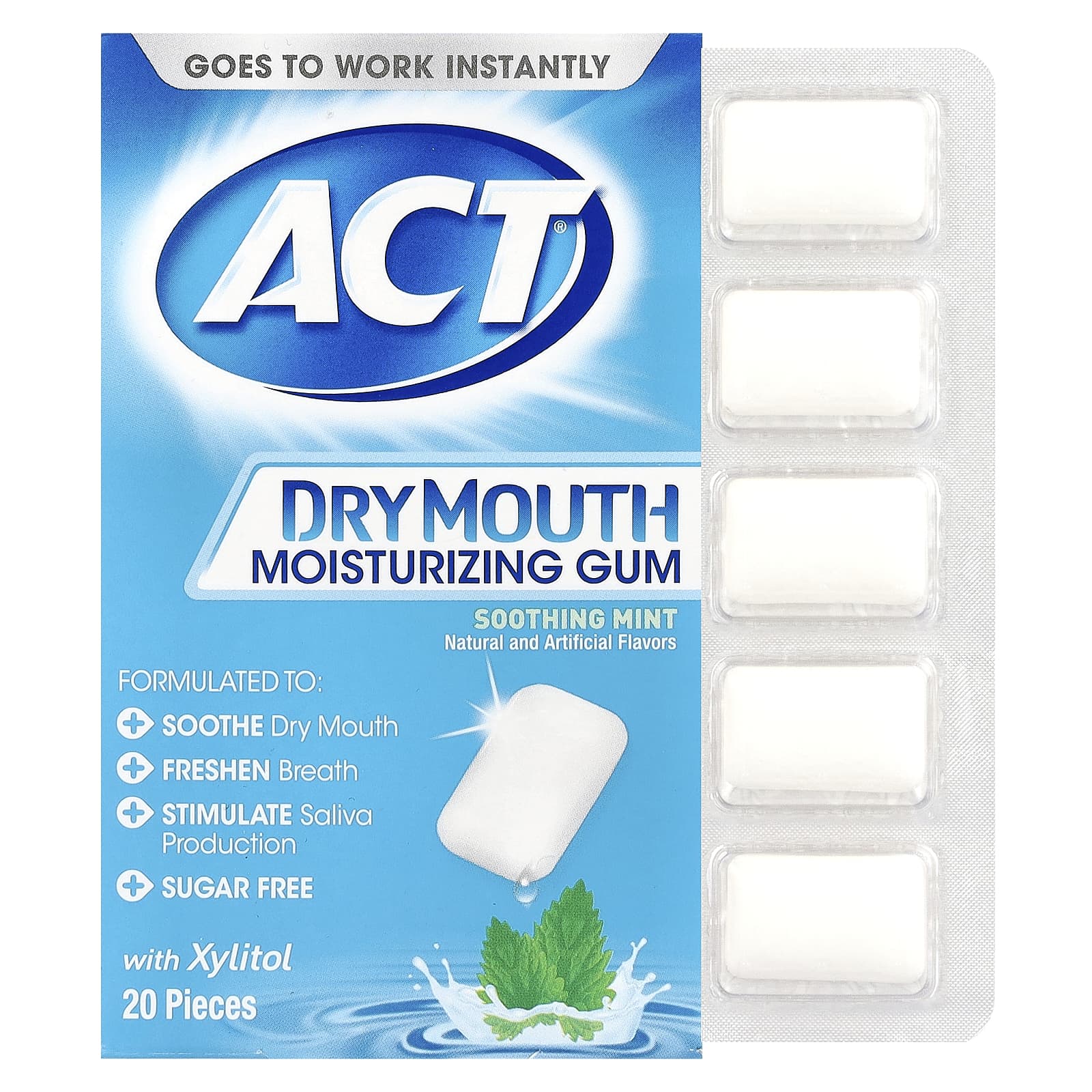Act, увлажняющая жевательная резинка против сухости во рту с ксилитолом, без сахара, успокаивающая мята, 20 шт.