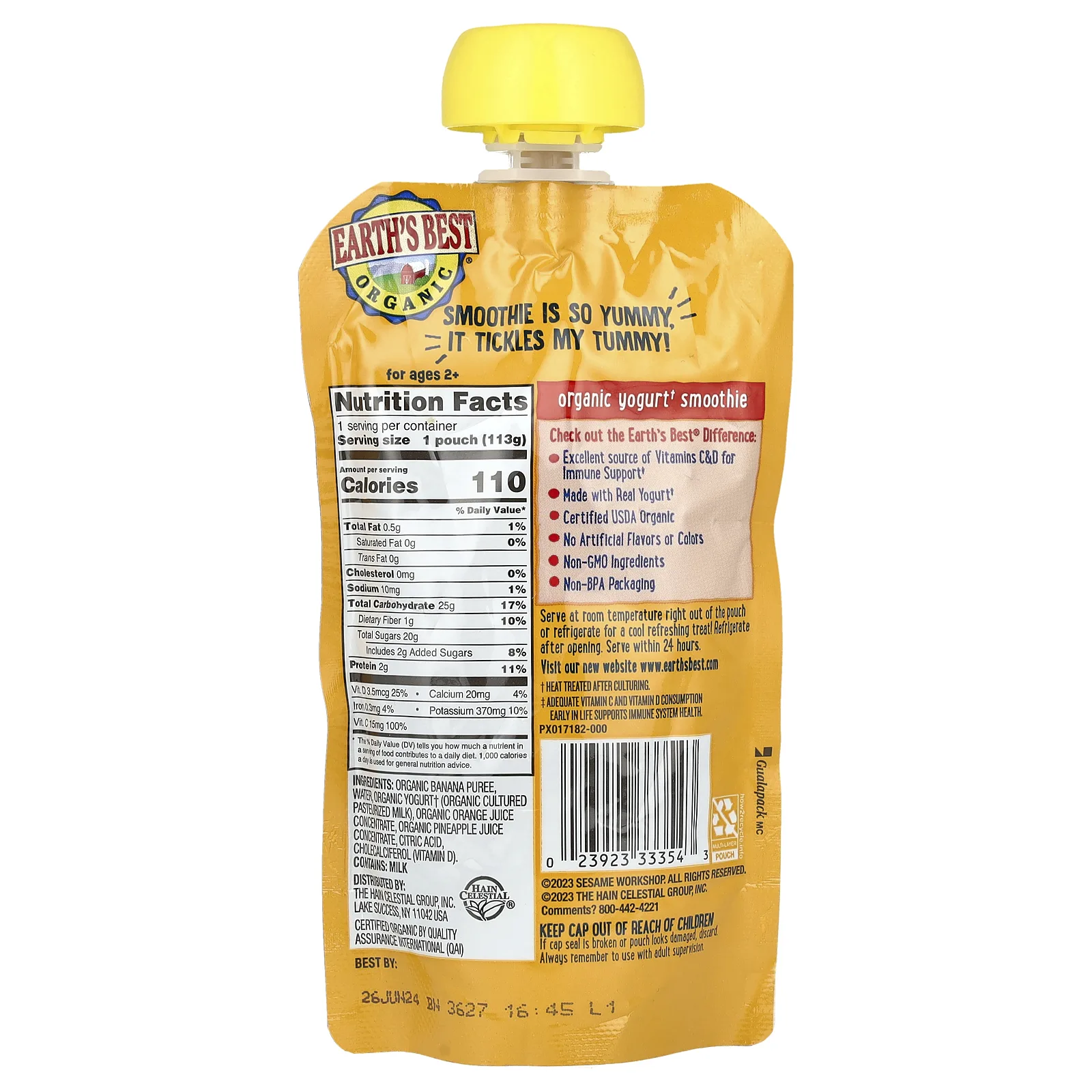 Earth's Best, Organic Immune Support Yogurt Smoothie, Ages 2+, Banana Orange Pineapple, 4 oz (113 g)
