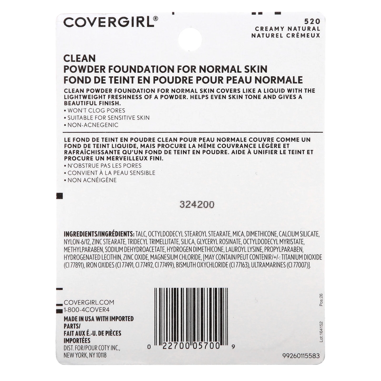 Covergirl, Clean, тональная пудра, оттенок 520 Creamy Natural, 11,5 г (0,41 унции)