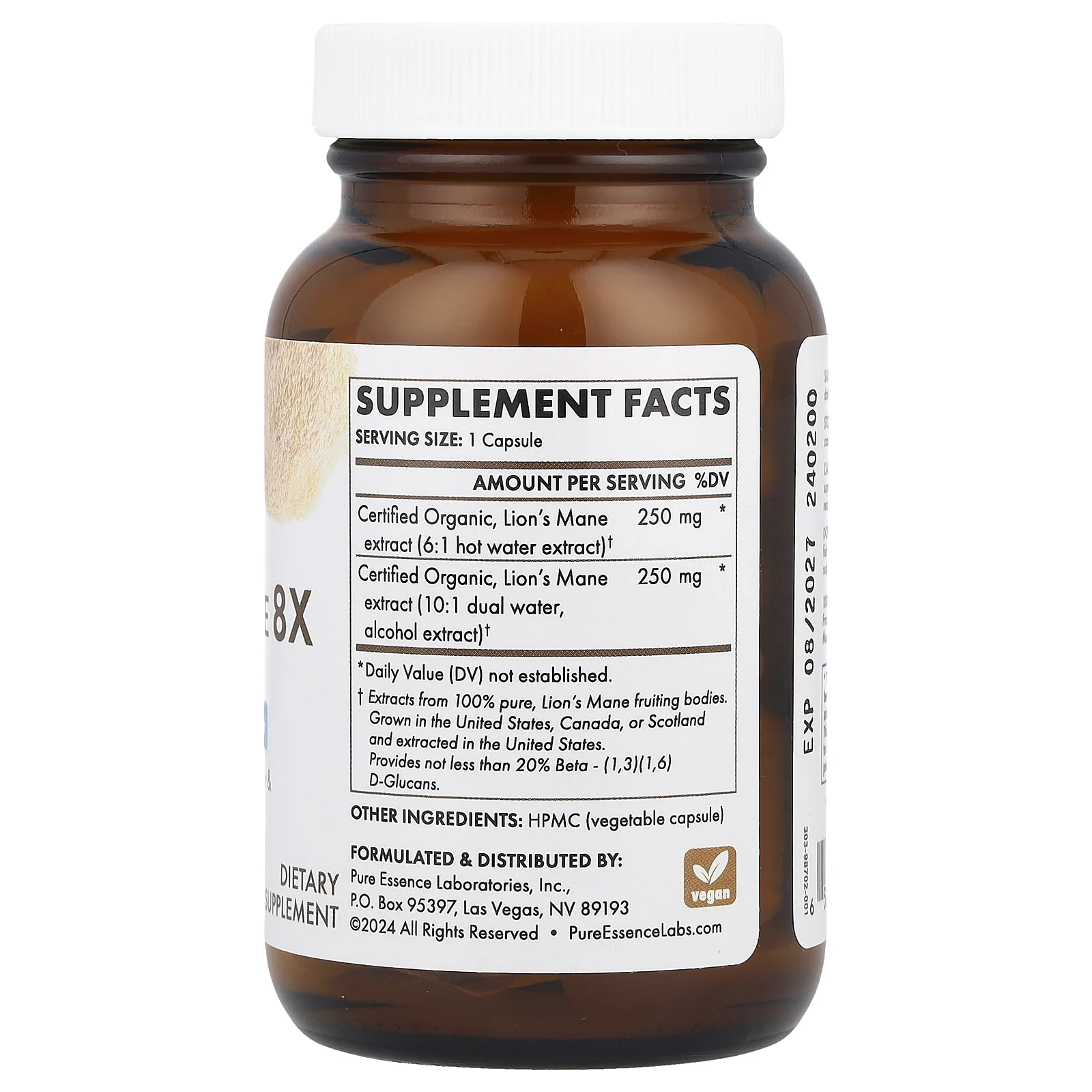 Pure Essence, MyPure ™, Lion's Mane 8X, максимальная сила действия, 60 растительных капсул