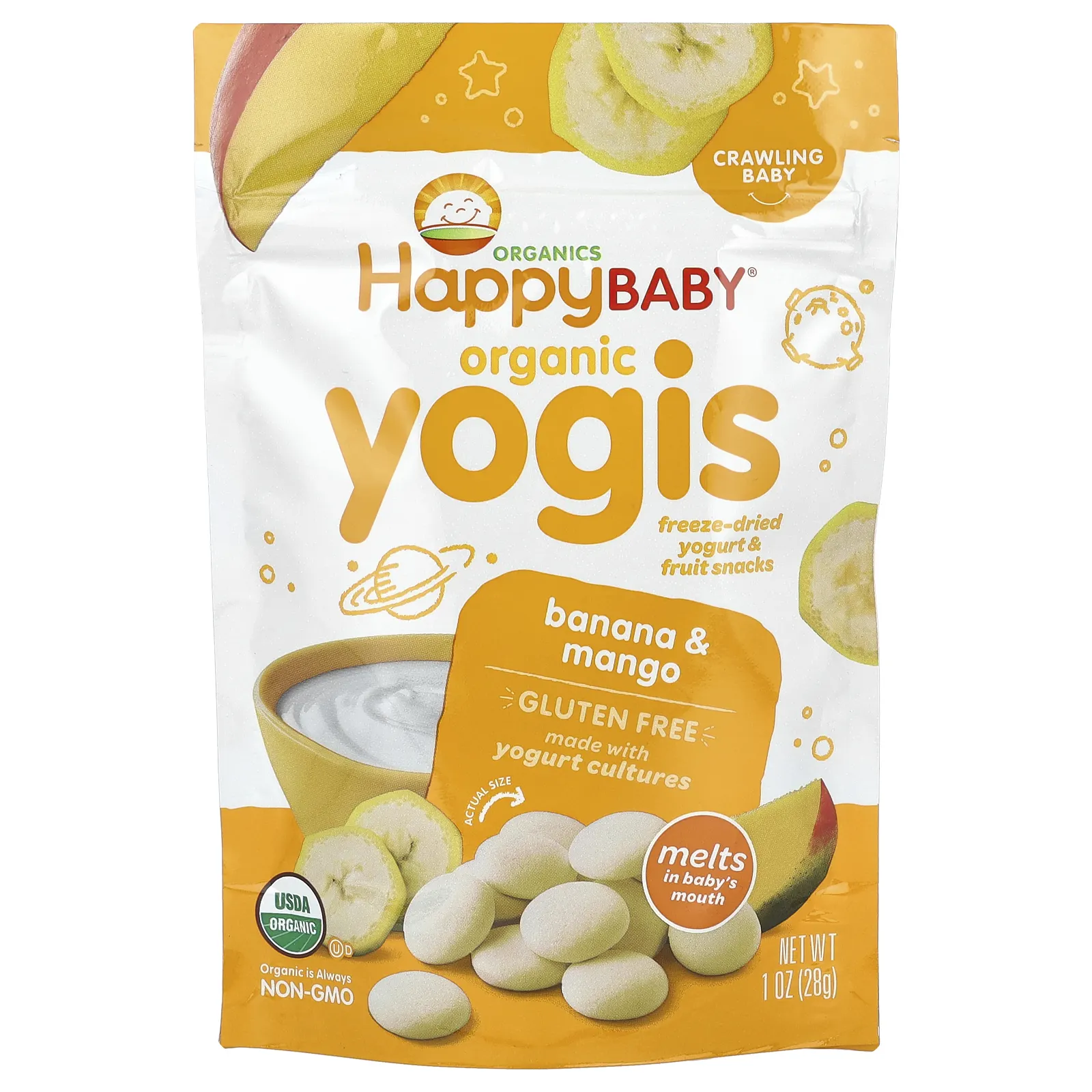 Happy Family Organics, Yogis, органические снеки из сублимированного йогурта с фруктами, банан и манго, 28 г