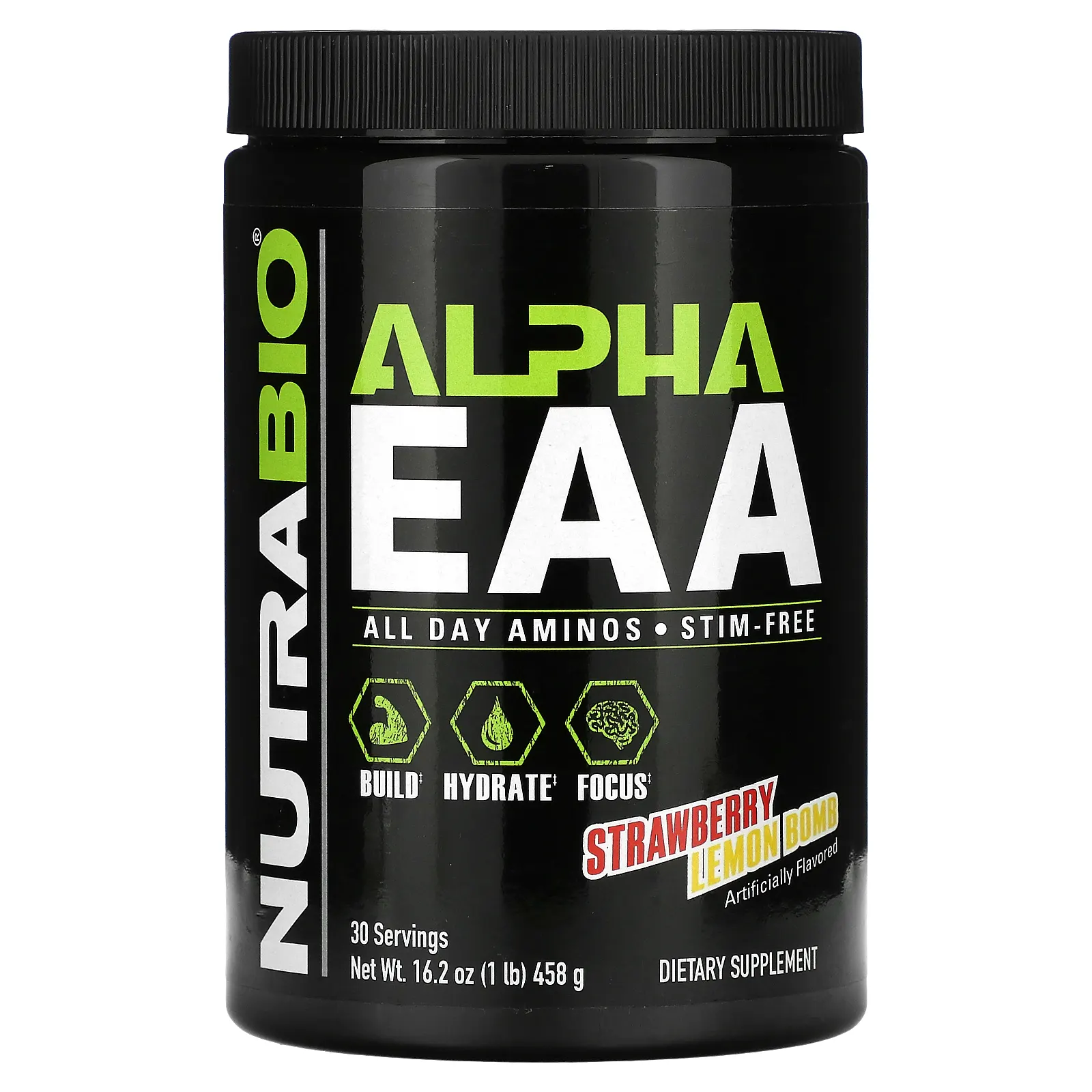 NutraBio, Alpha EAA, незаменимые аминокислоты, со вкусом клубники и лимона, 458 г (1 фунт)