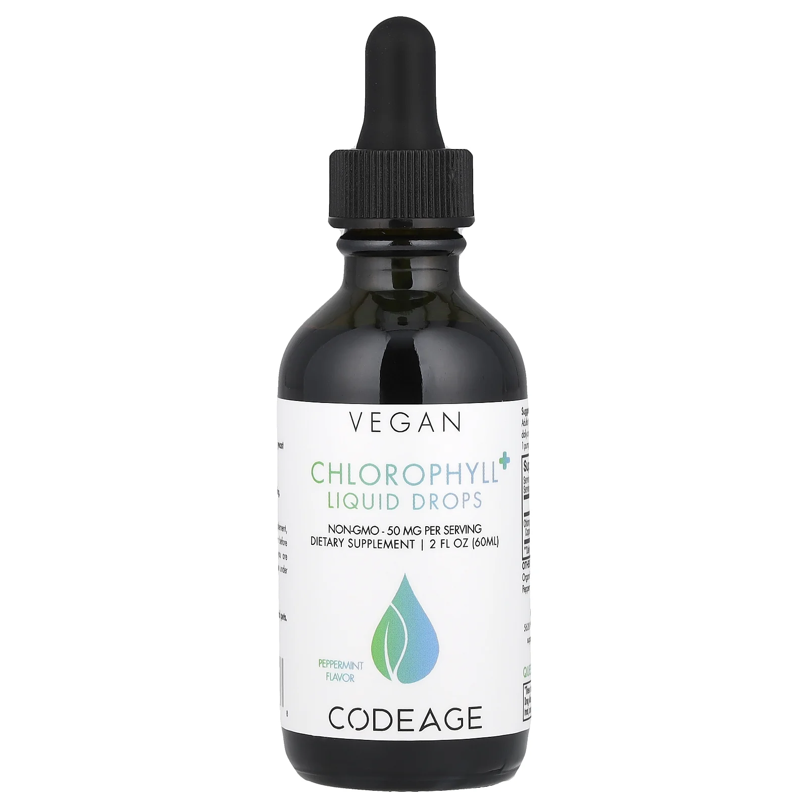 Codeage, Vegan Chlorophyll + Liquid Drops, без ГМО, перечная мята, 50 мг, 60 мл (2 жидк. Унции)