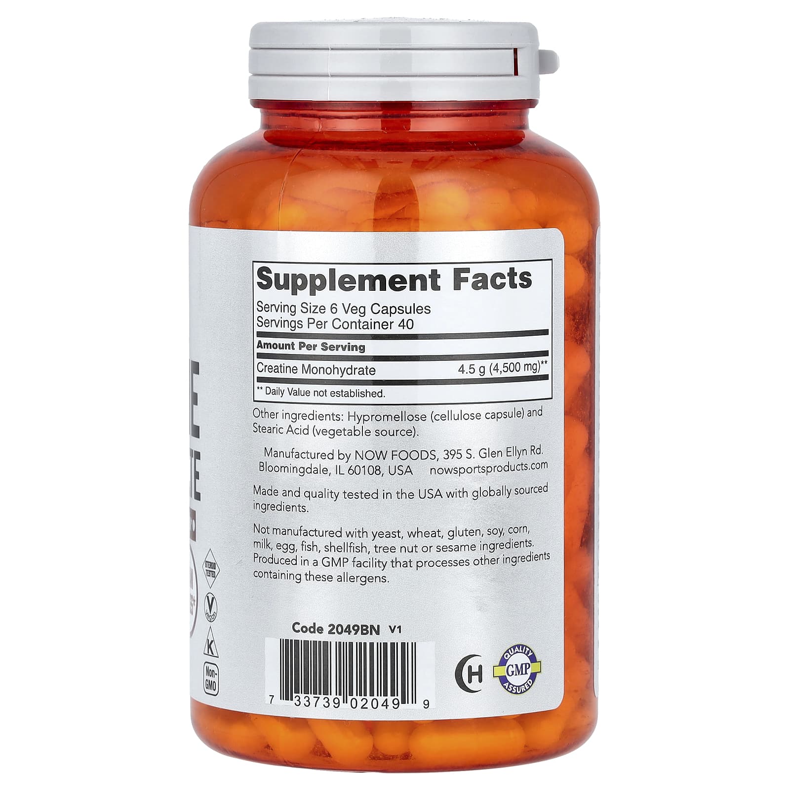 NOW Foods, Sports, моногидрат креатина, 4500 мг, 240 растительных капсул (750 мг в каждой капсуле)