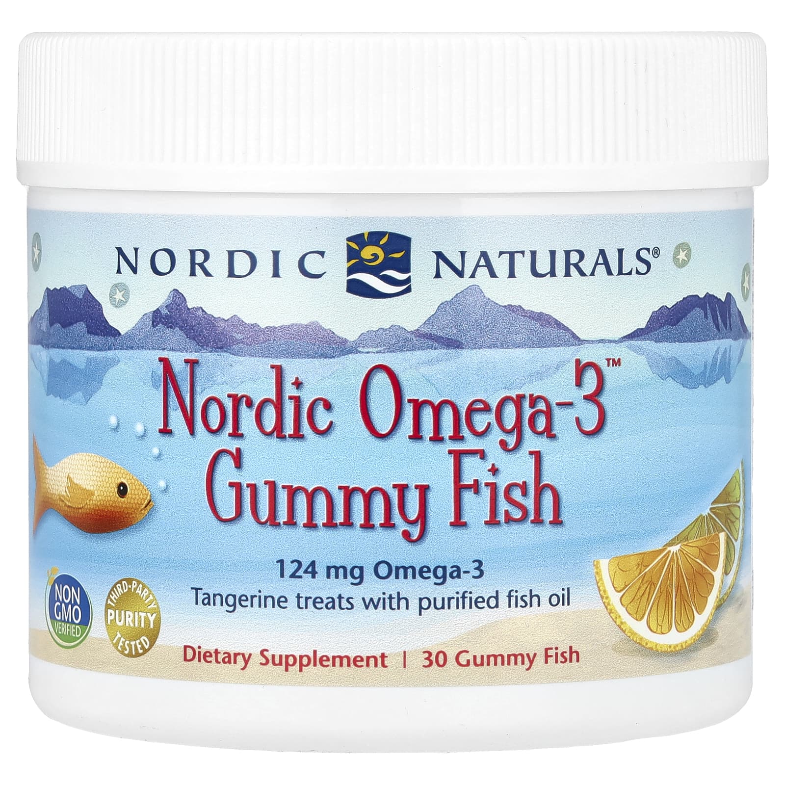Nordic Naturals, Nordic Omega-3 Gummy Fish, «мандариновые лакомства», 124 мг, 30 жевательная таблеток в форме рыбок