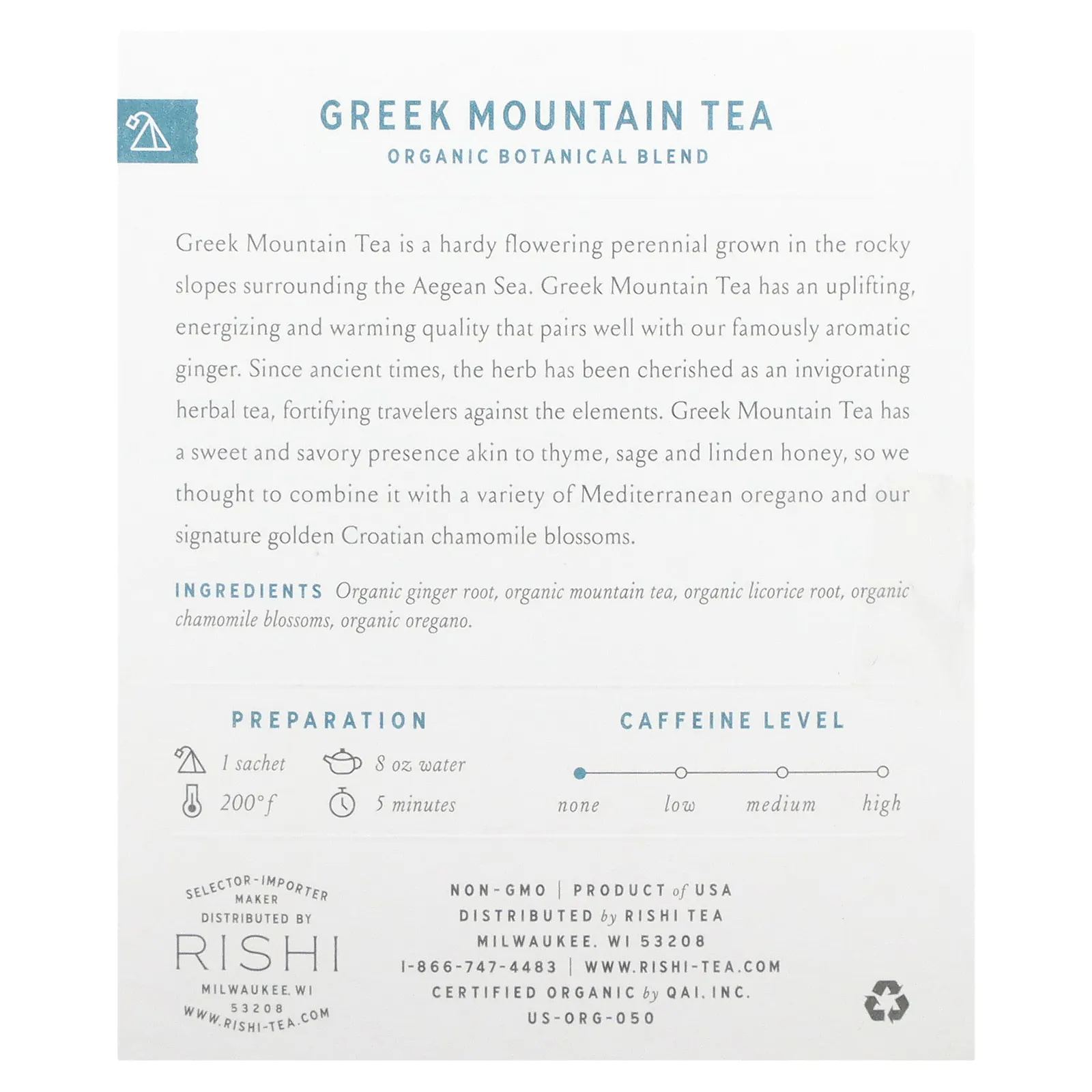 Rishi Tea, Греческий горный чай, без кофеина, 15 пакетиков, 39 г (1,37 унции)