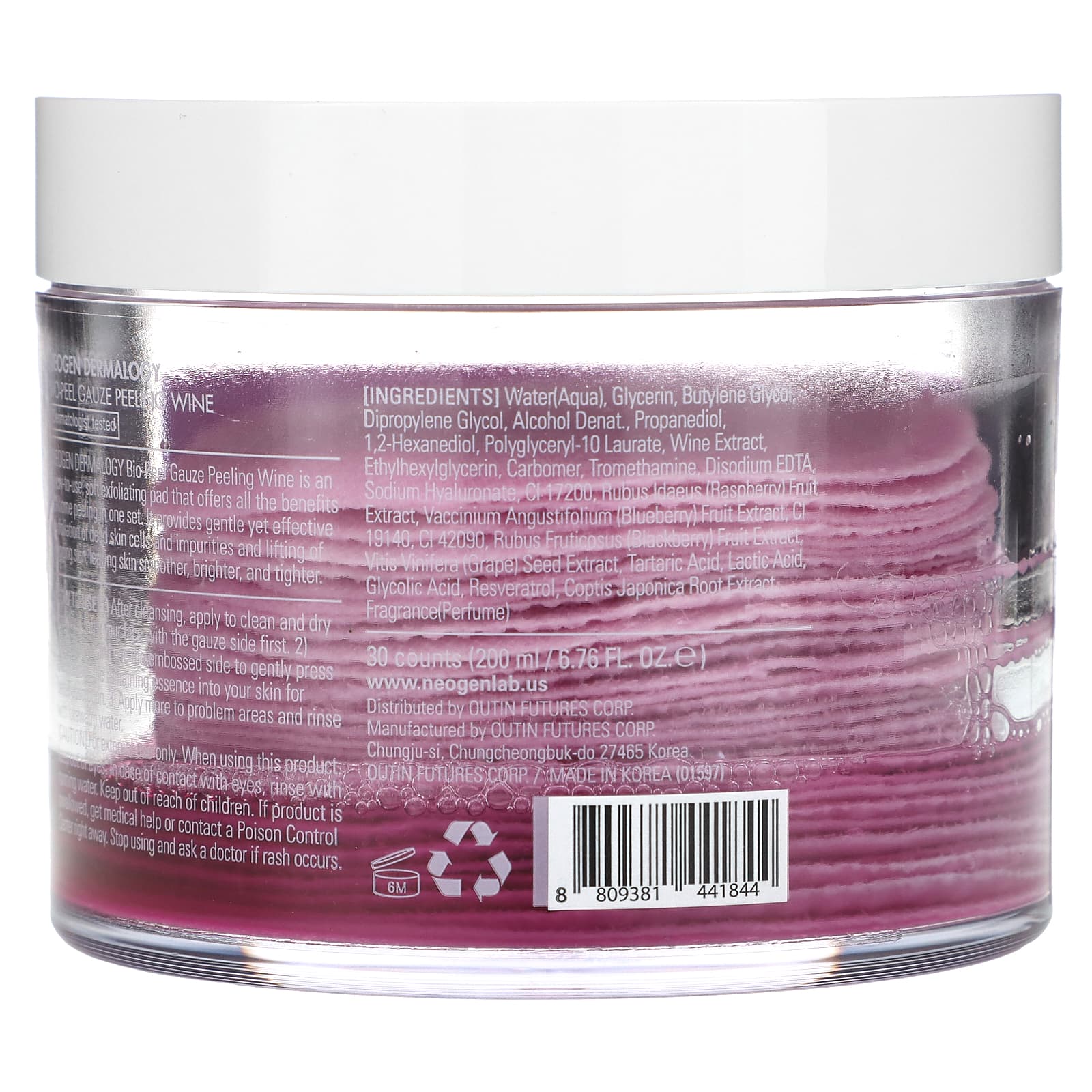 Neogen, Dermalogy, Bio-Peel + Advanced Treatment, марлевый пилинг, вино, 30 шт., 200 мл (6,76 жидк. Унции)