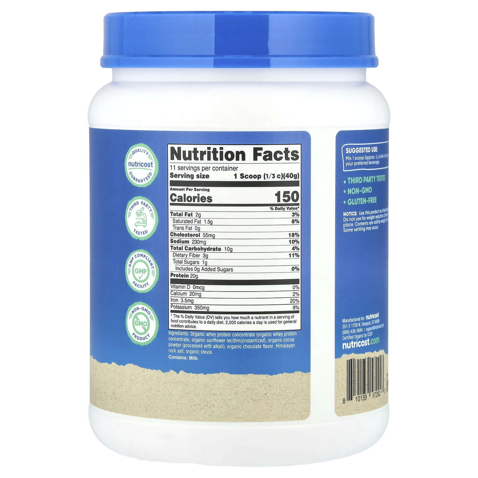 Nutricost, Органический сывороточный протеин, двойной шоколад, 454 г (1 фунт)