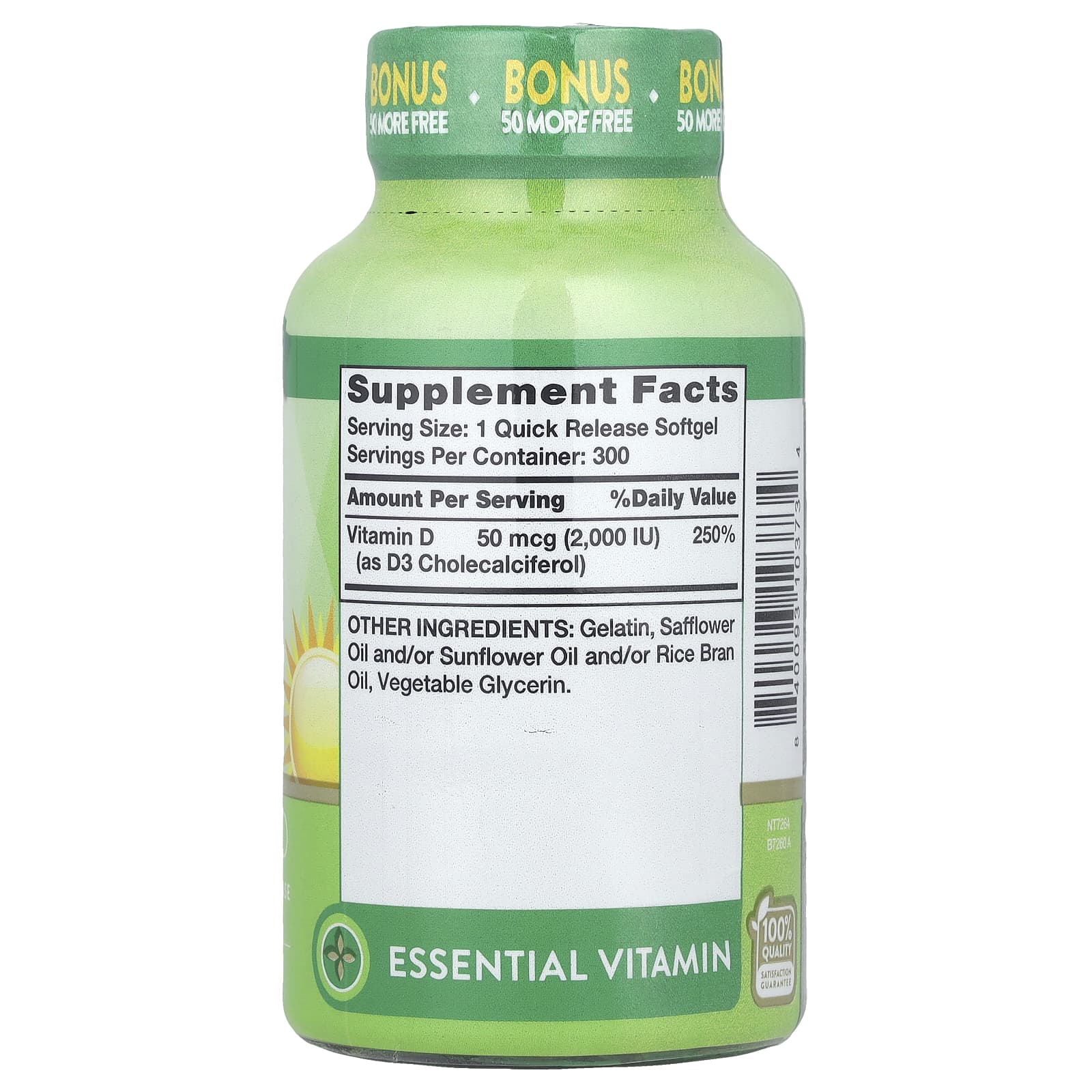 Nature's Truth, Высокоэффективный витамин D3, 50 мкг (2000 МЕ), 300 мягких таблеток быстрого высвобождения