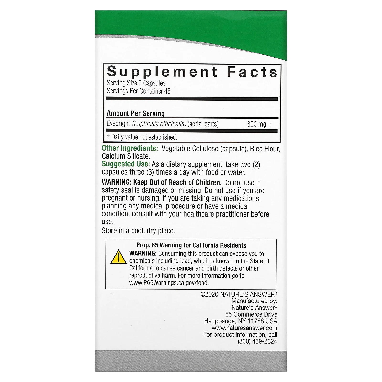 Nature's Answer, очанка, 800 мг, 90 вегетарианских капсул (400 мг в 1 капсуле)