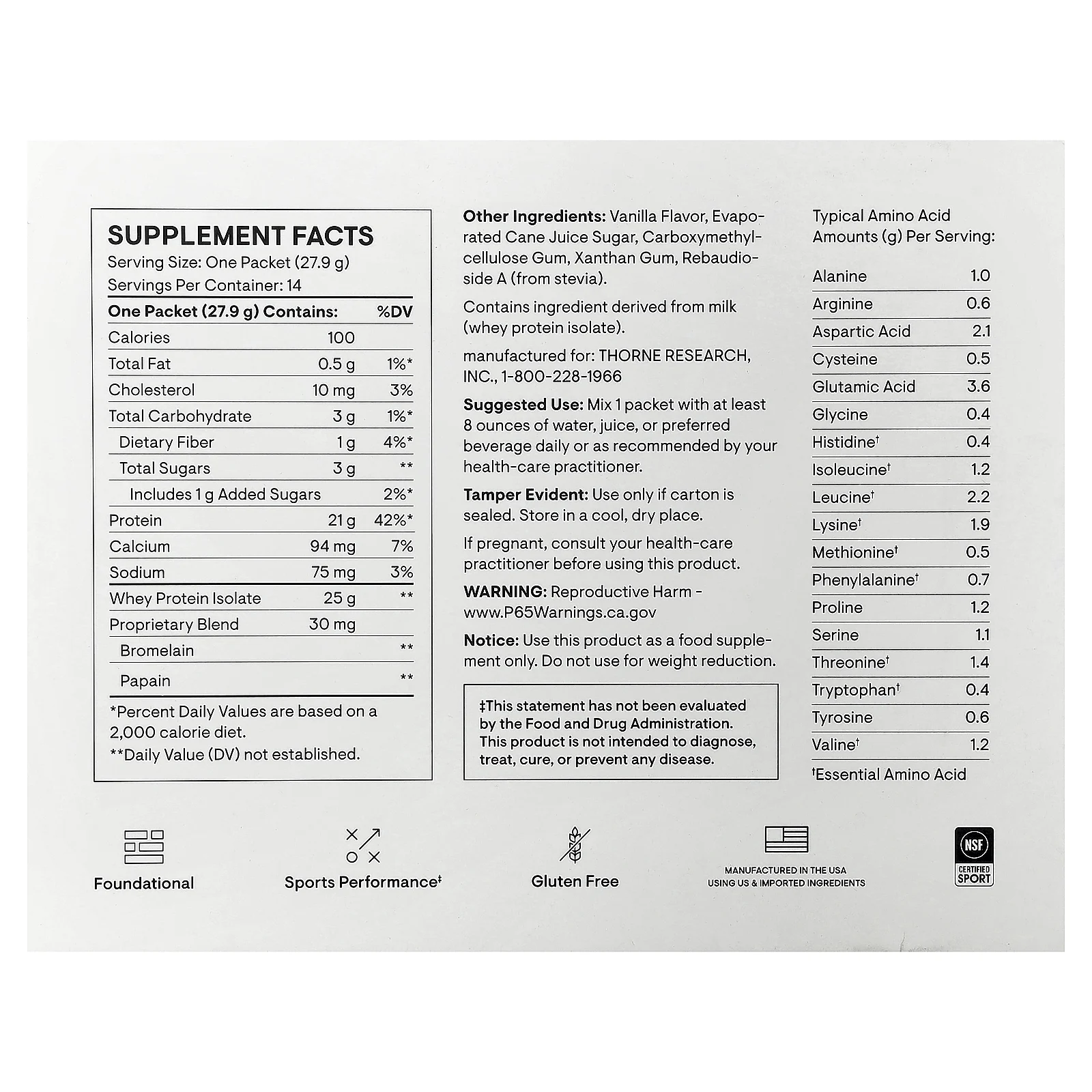 Thorne, Изолят сывороточного протеина, ваниль, 14 пакетиков по 27,9 г (0,98 унции)