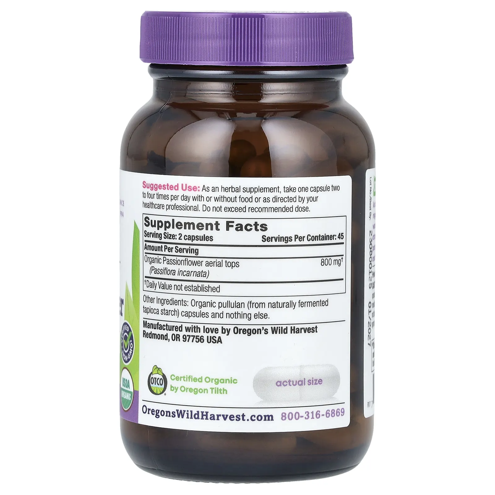 Oregon's Wild Harvest, органическая пассифлора, 90 органических веганских капсул