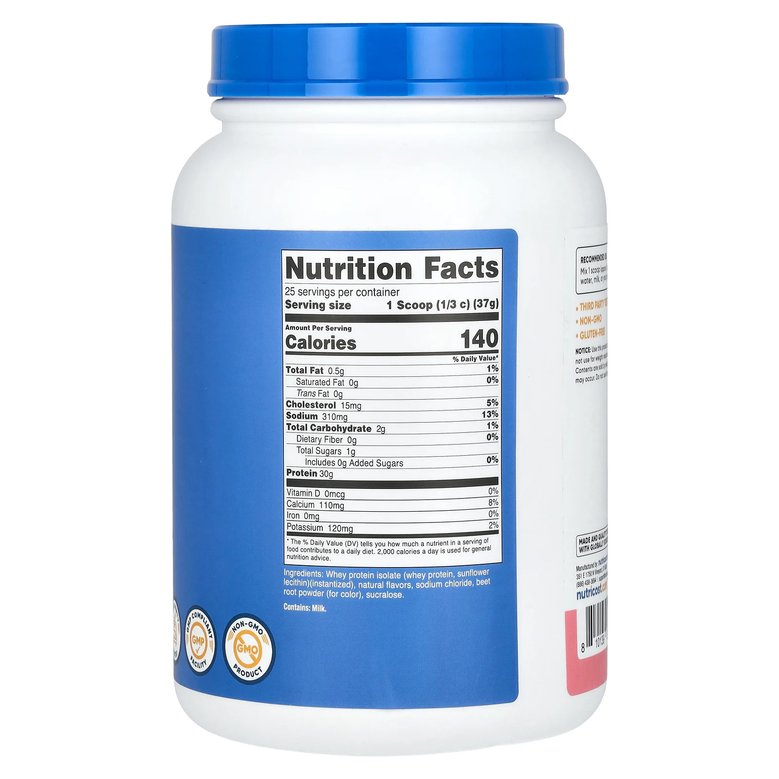 Nutricost, изолят сывороточного протеина, со вкусом клубничного молочного коктейля, 907 г (2 фунта)