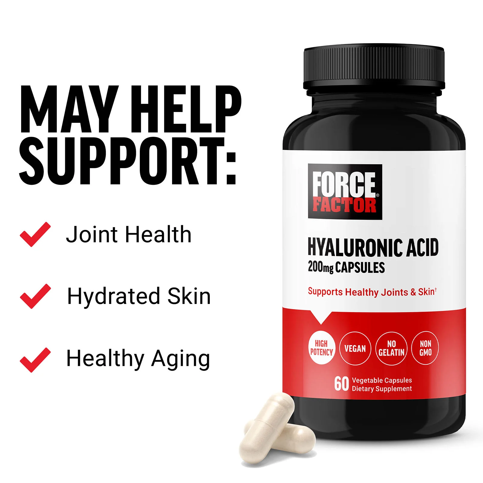 Force Factor, гиалуроновая кислота, 200 мг, 60 вегетарианских капсул