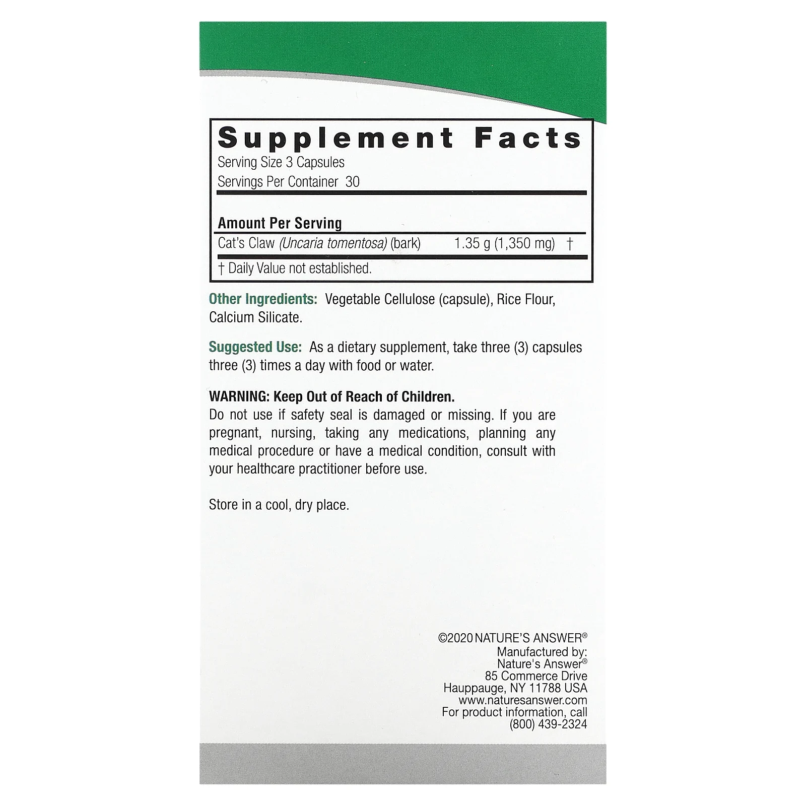 Nature's Answer, кошачий коготь, 1350 мг, 90 вегетарианских капсул (450 мг в 1 капсуле)