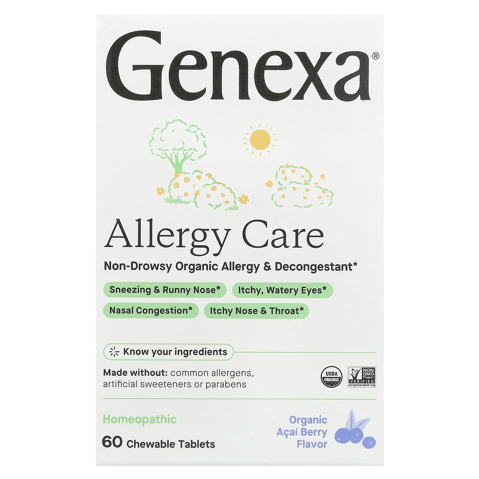 Genexa, Allergy Care, органическое средство от аллергии и отеков, органические ягоды асаи, 60 жевательных таблеток
