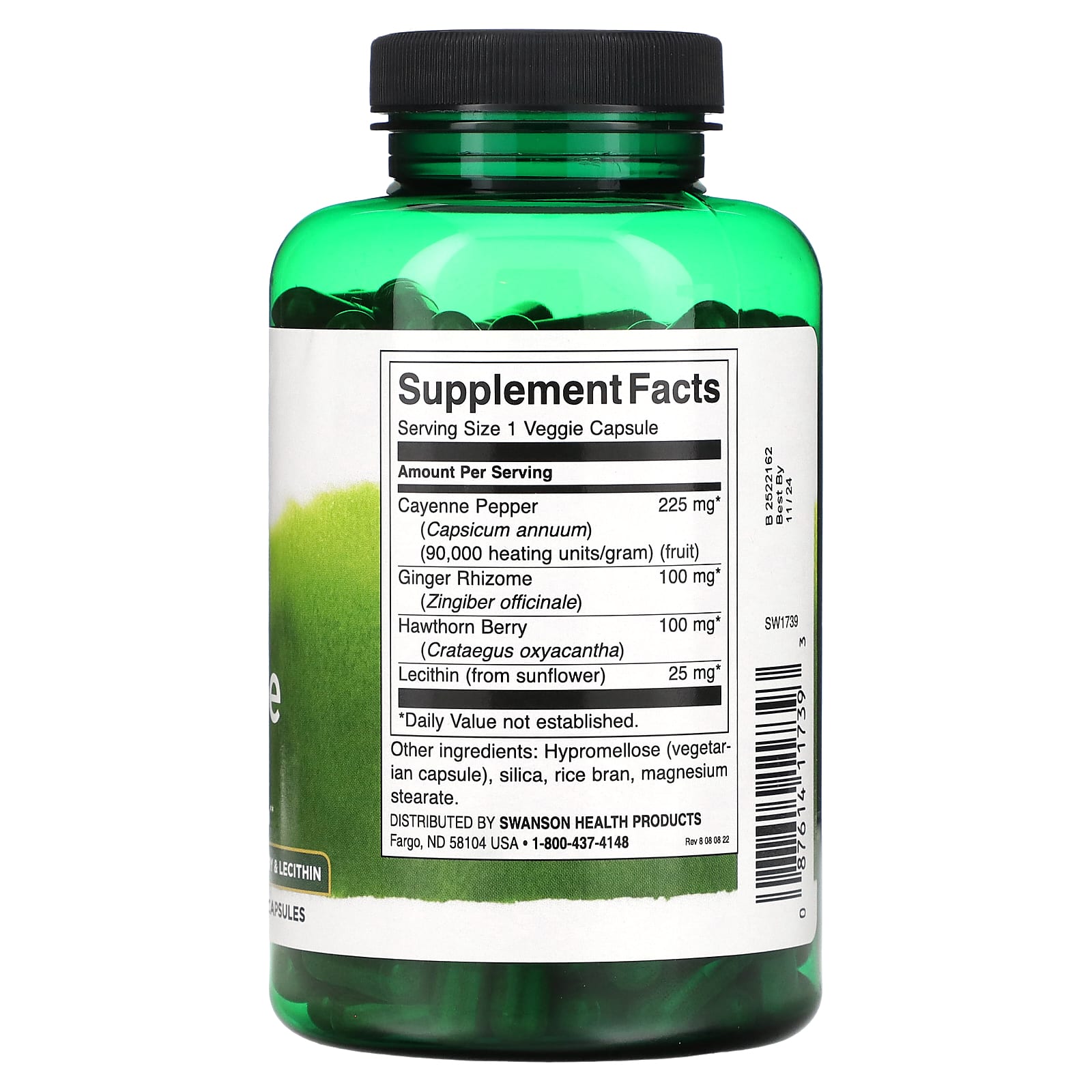 Swanson, Кайенский перец с корневищем имбиря, ягодами боярышника и лецитином, 250 растительных капсул