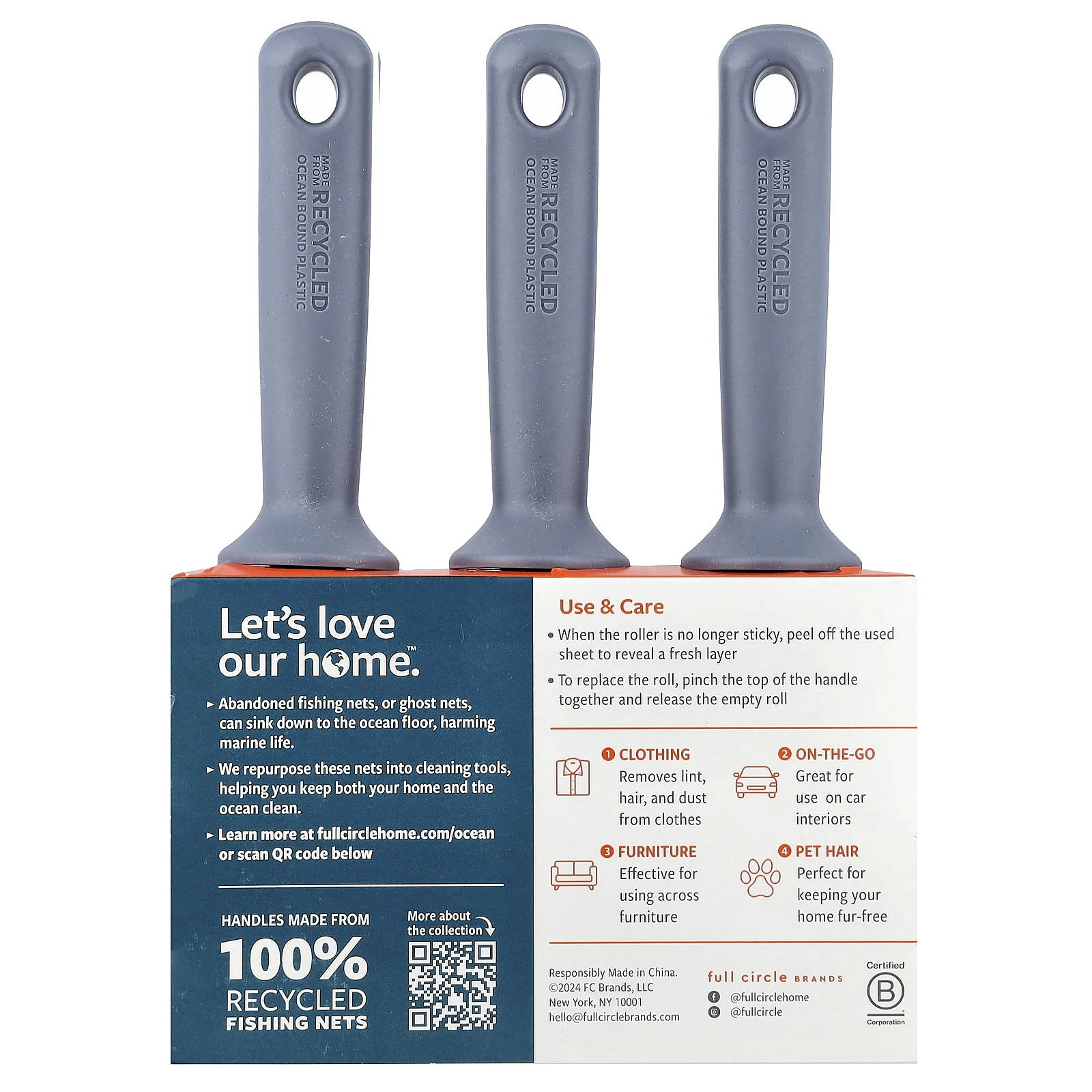 Full Circle, Clean Ocean™, ролик для удаления ворса, 3 шт. в упаковке, 300 шт.