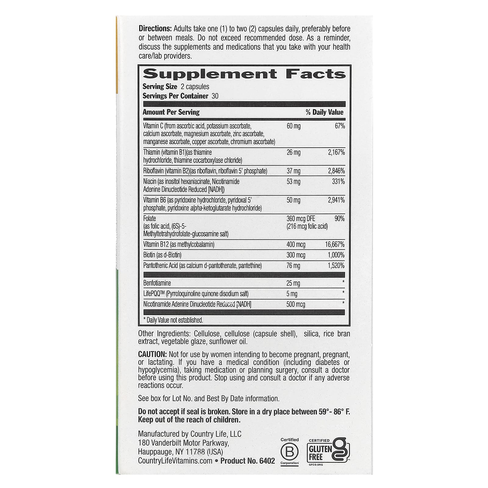 Country Life, комплекс коэнзимов группы B, улучшенная формула, 60 веганских капсул