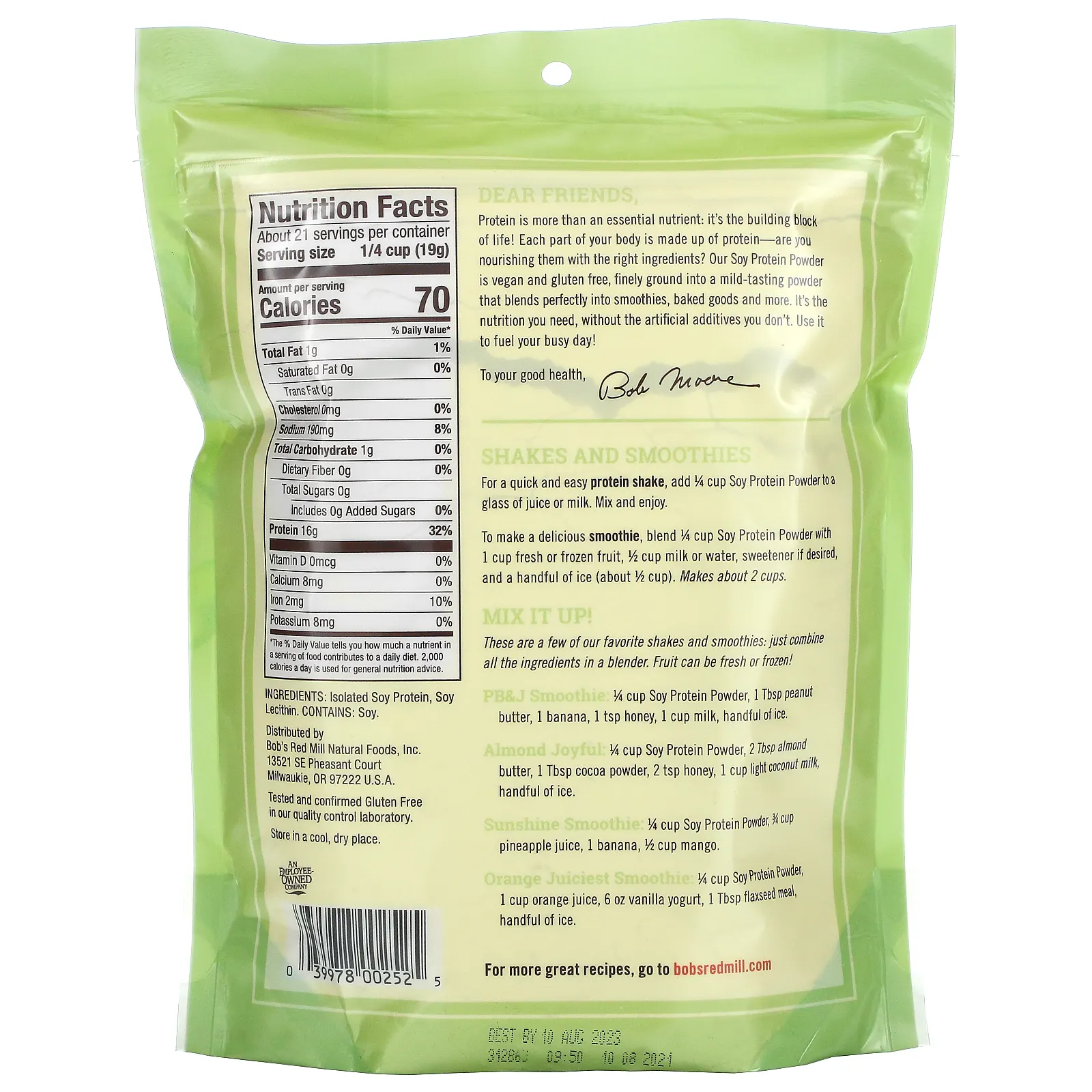 Bob's Red Mill, Соевый протеин в порошке, без глютена, 397 г (14 унций)