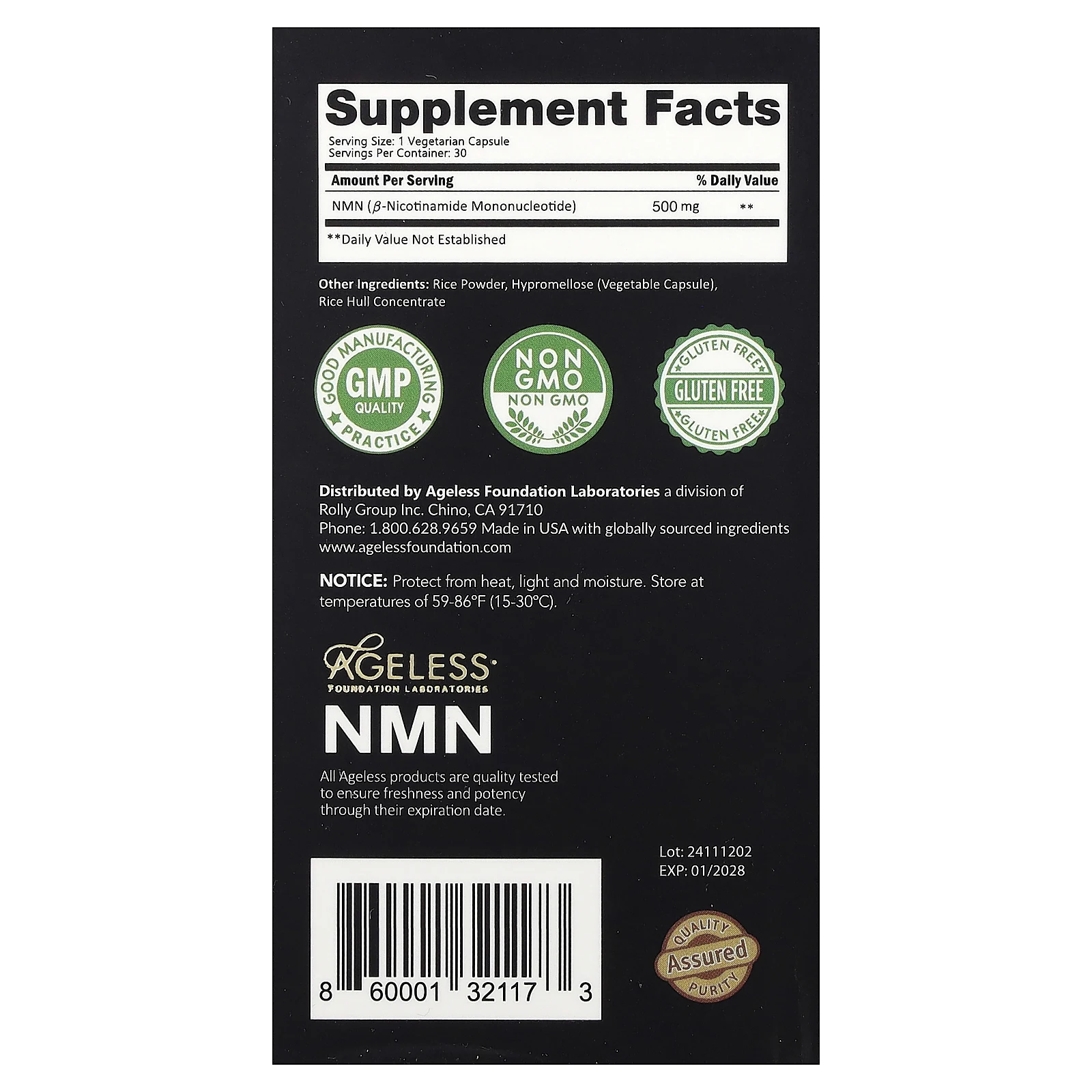 Ageless Foundation Laboratories, NMN, 500 мг, 30 растительных капсул