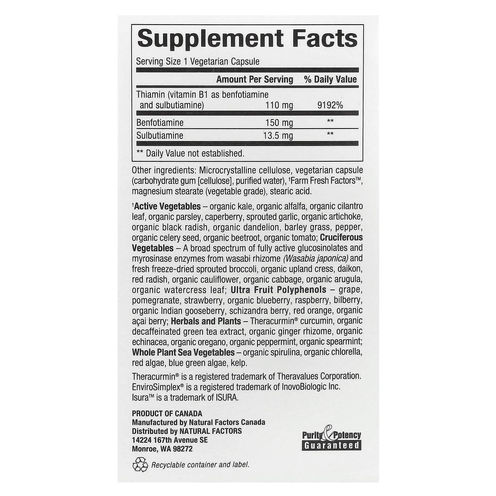 Natural Factors, BioCoenzymated, B1, бенфотиамин плюс сульбутиамин, 150 мг, 30 вегетарианских капсул