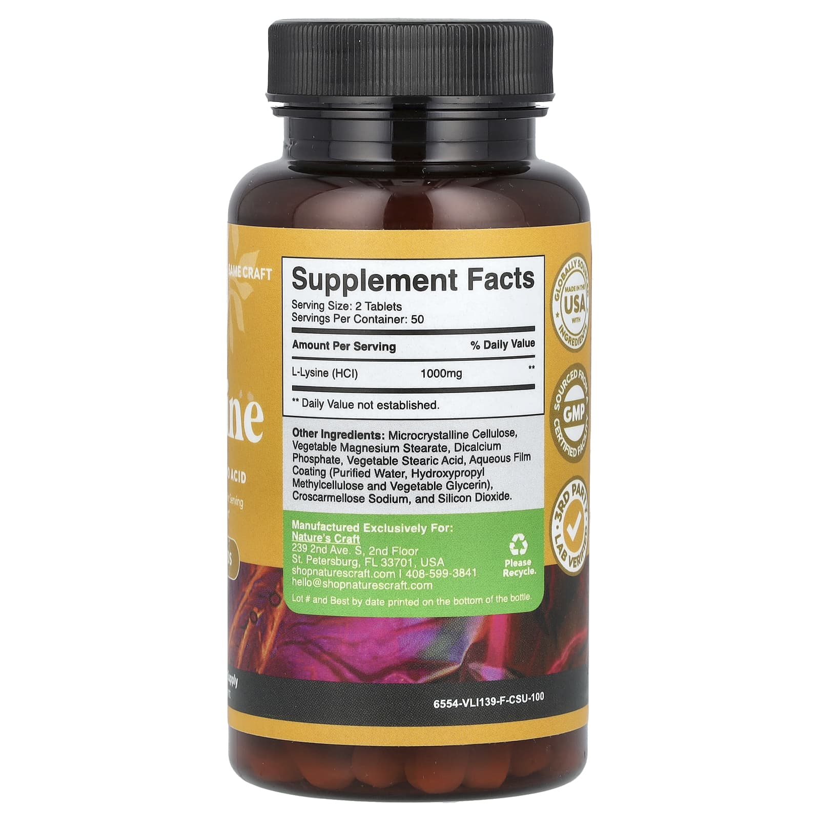 Nature's Craft, L-лизин, 1000 мг, 100 таблеток (500 мг в капсуле)
