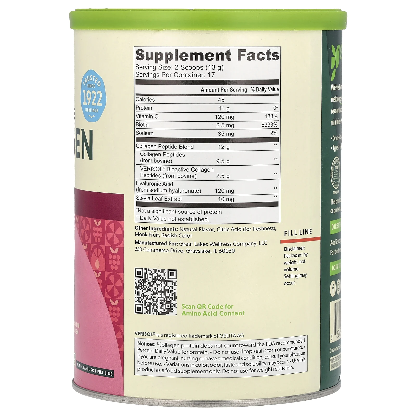 Great Lakes Wellness, Quick Dissolve Collagen Peptides, Daily Beauty, малиновый лимонад, 227 г (8 унций)