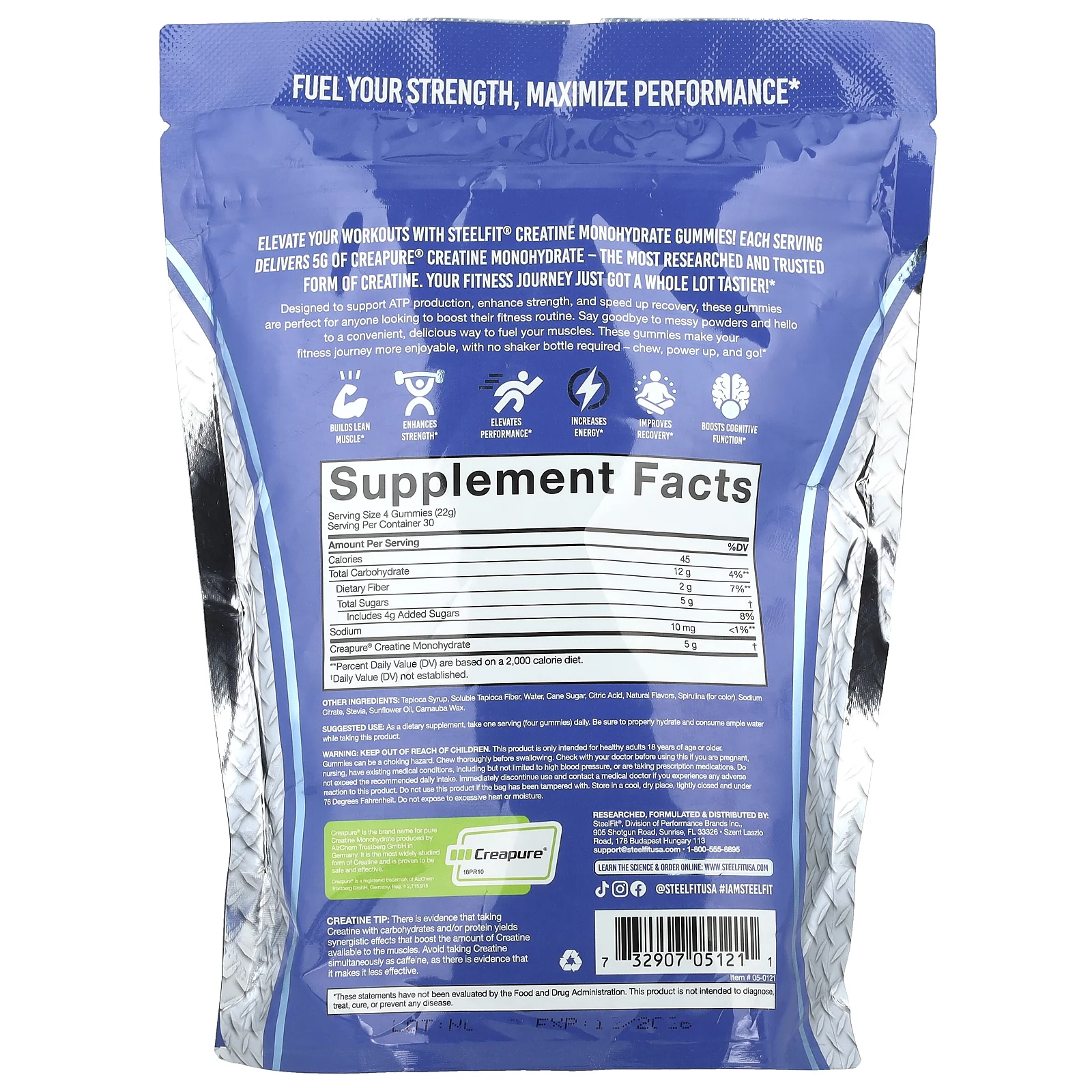 SteelFit, Жевательные мармеладки с моногидратом креатина, голубая малина, 120 жевательных таблеток