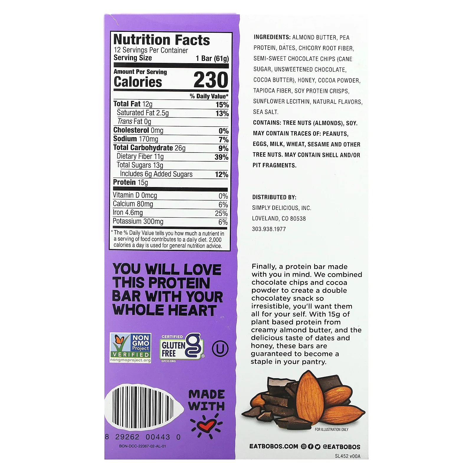 Bobo's Oat Bars, Protein Bars, миндальная паста с двойным шоколадом, 12 батончиков, 61 г (2,2 унции)