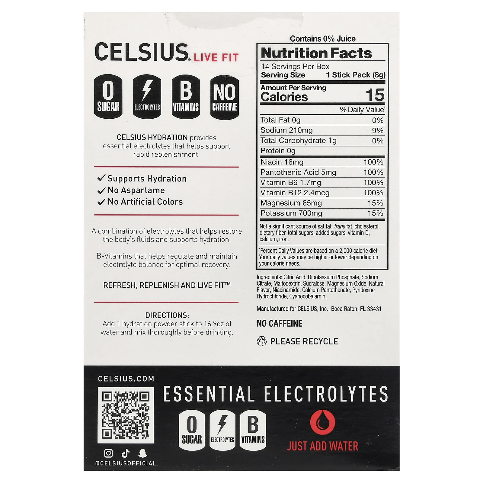 Celsius, Live Fit, увлажнение, незаменимые электролиты, без кофеина, фруктовый пунш, 14 порошковых стиков для увлажнения, 7,76 г (0,27 унции)