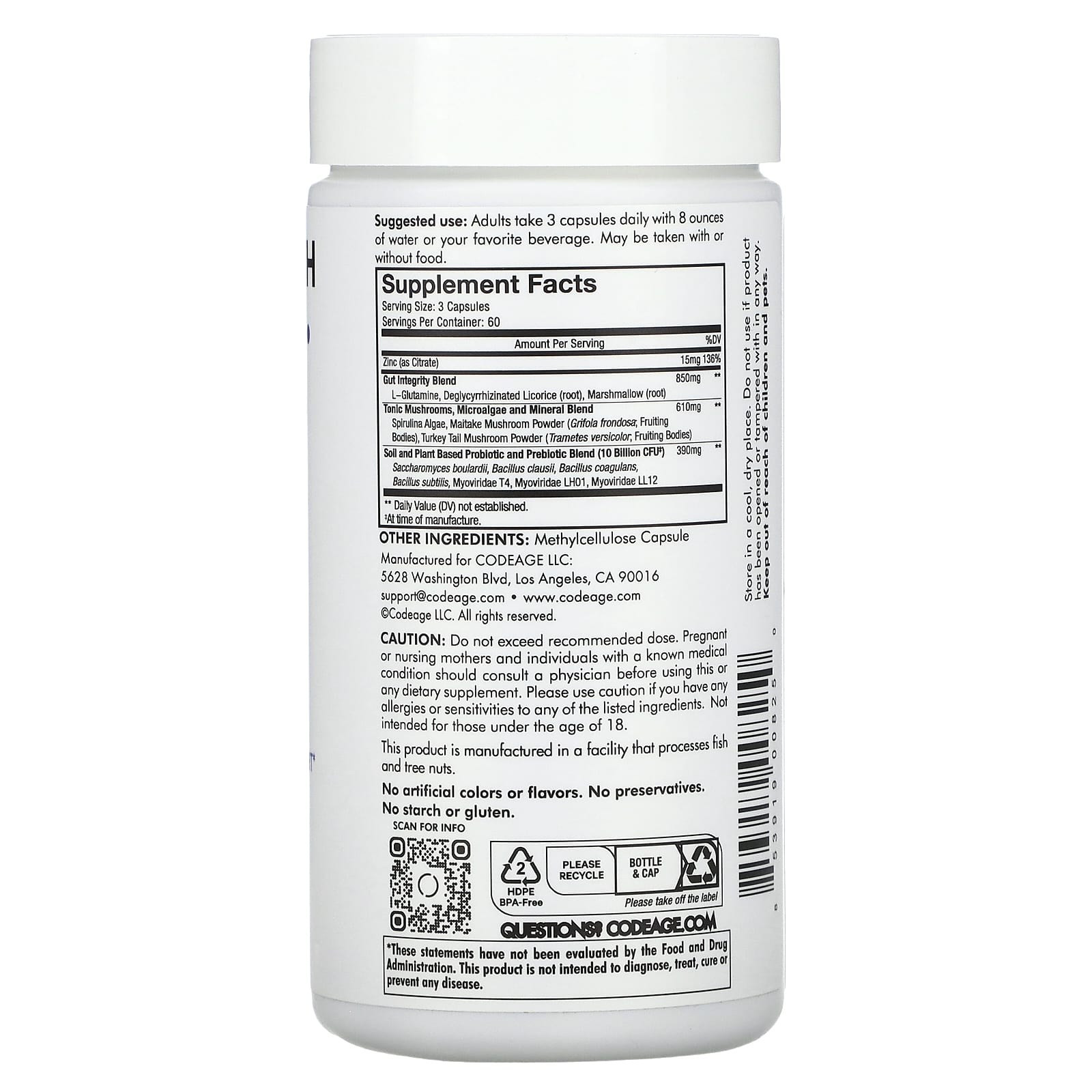 Codeage, Digestion, состав для здоровья кишечника, 180 капсул