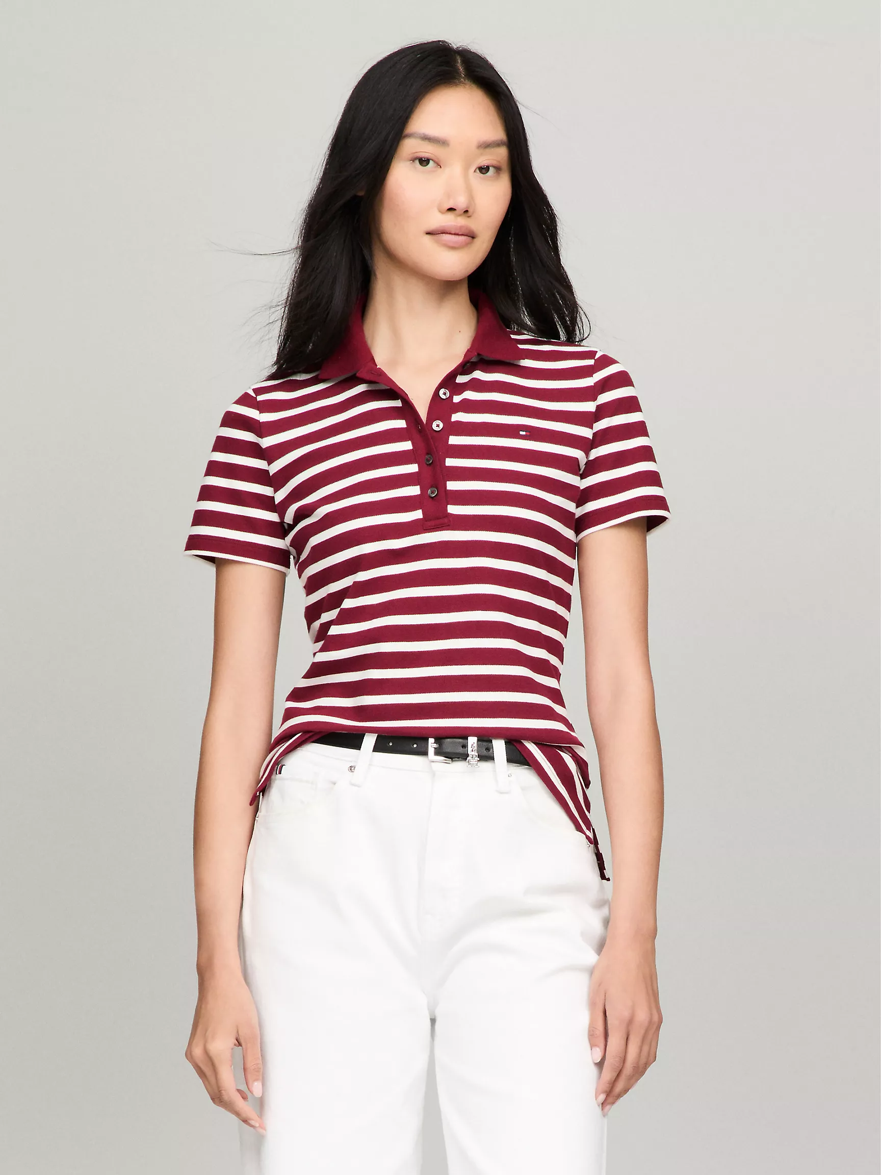 Женское поло Tommy Hilfiger, Приталенное полосатое эластичное хлопковое поло