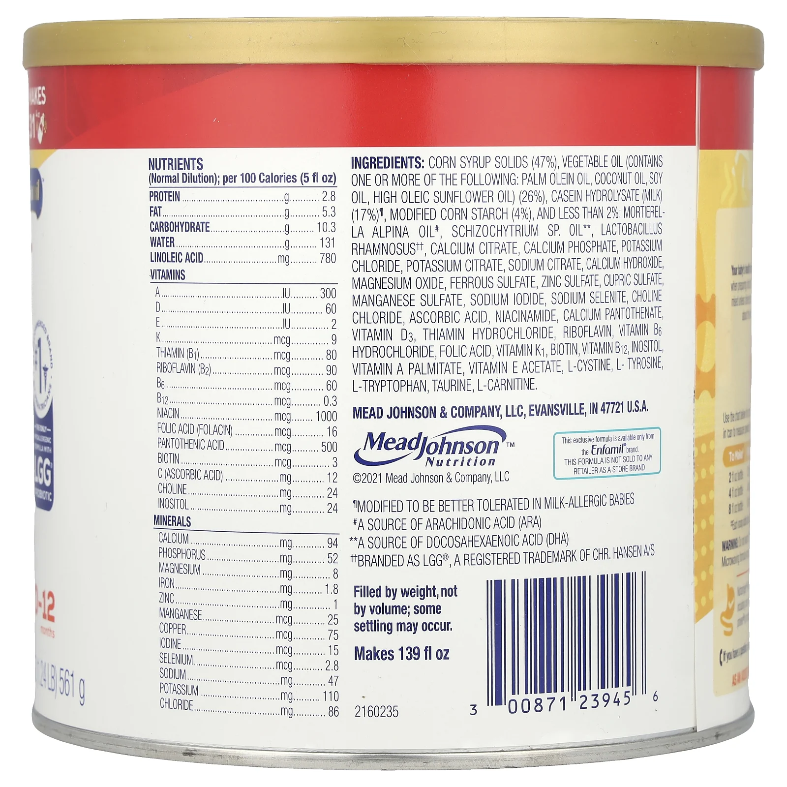 Enfamil, Nutramigen ™ с пробиотиком LGG®, гипоаллергенный, для детей 0–12 месяцев, 561 г (19,8 унции)