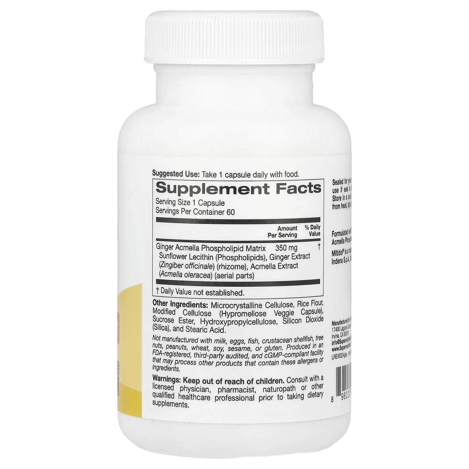 Super Nutrition, фосфолипидная матрица с имбирём и акмеллой, 60 растительных капсул