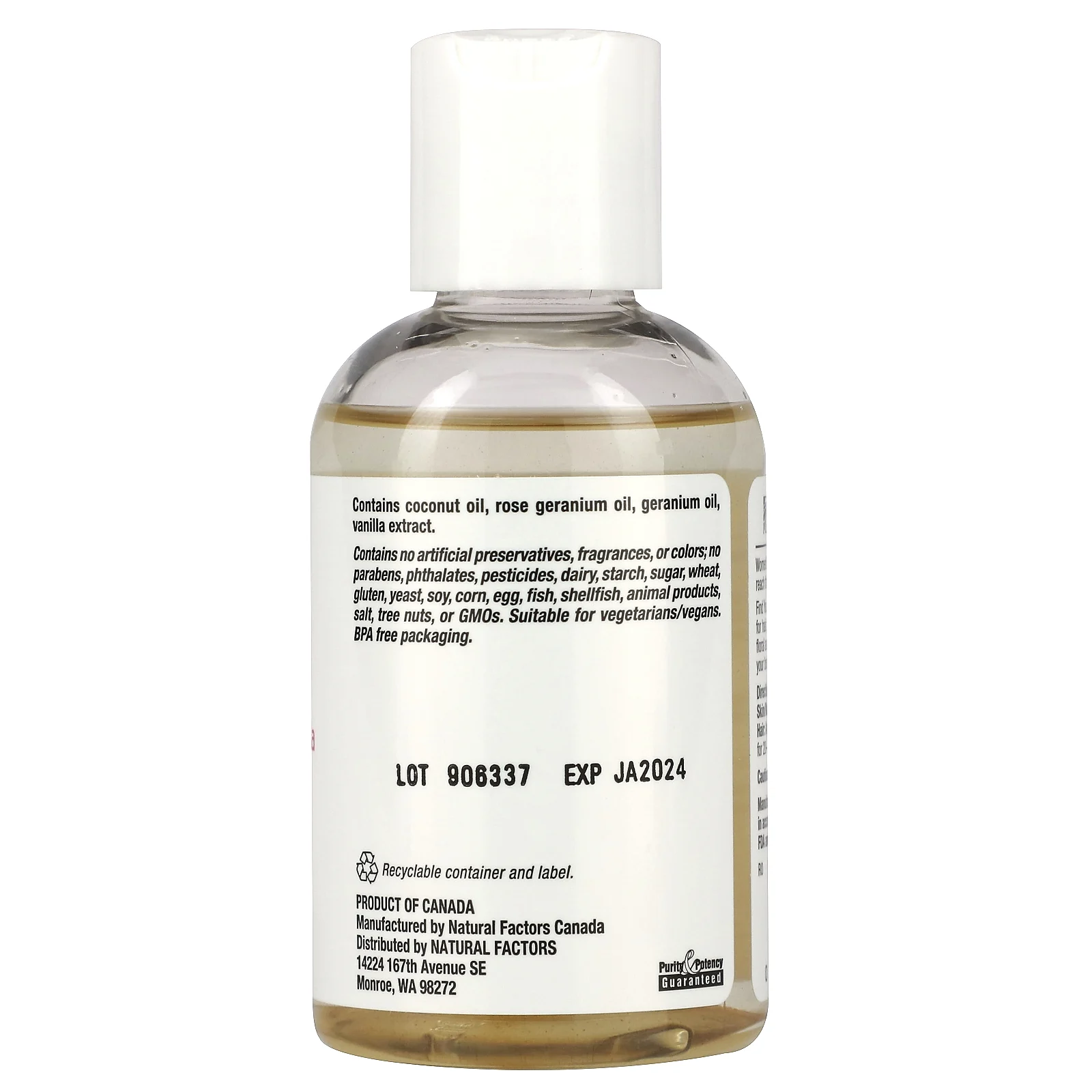 Natural Factors, WomenSense, кокосовое масло с эфирным маслом розовой герани и ванили, 115 мл (4 унции)