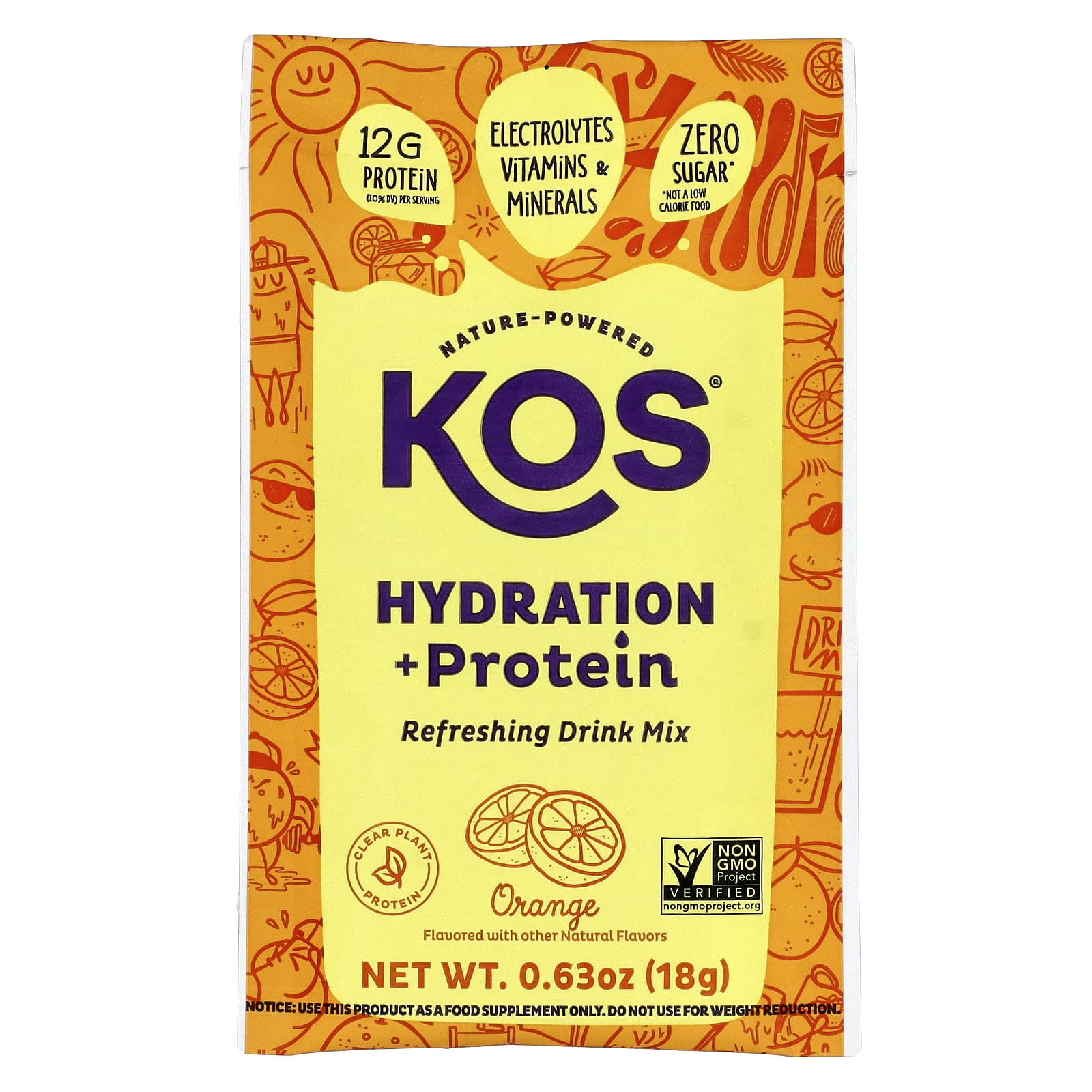 KOS, Hydration + Protein, освежающая смесь для напитков, апельсин, 7 пакетиков по 18 г (0,65 унции)