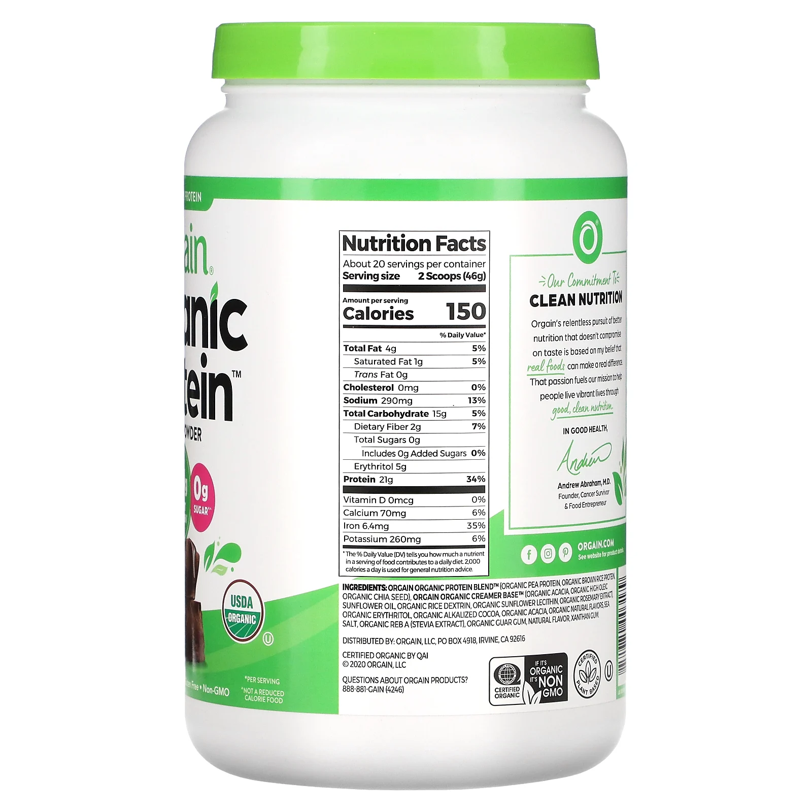Orgain, Органический порошковый протеин растительного происхождения, сливочно-шоколадный фадж, 2,03 ф (920 г)