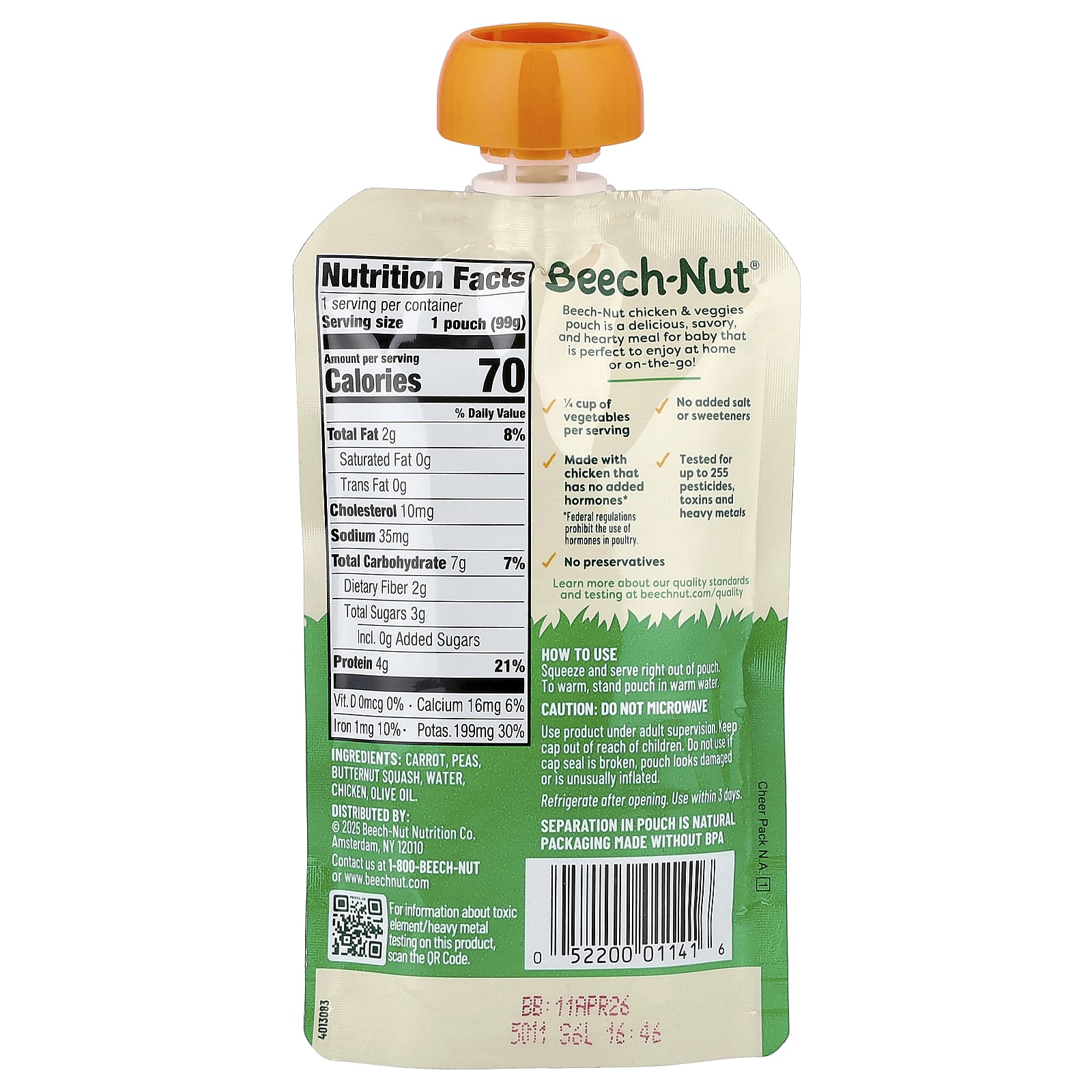 Beech-Nut, курица с морковью, горохом и мускатной тыквой, для детей от 6 месяцев, 99 г (3,5 унции)