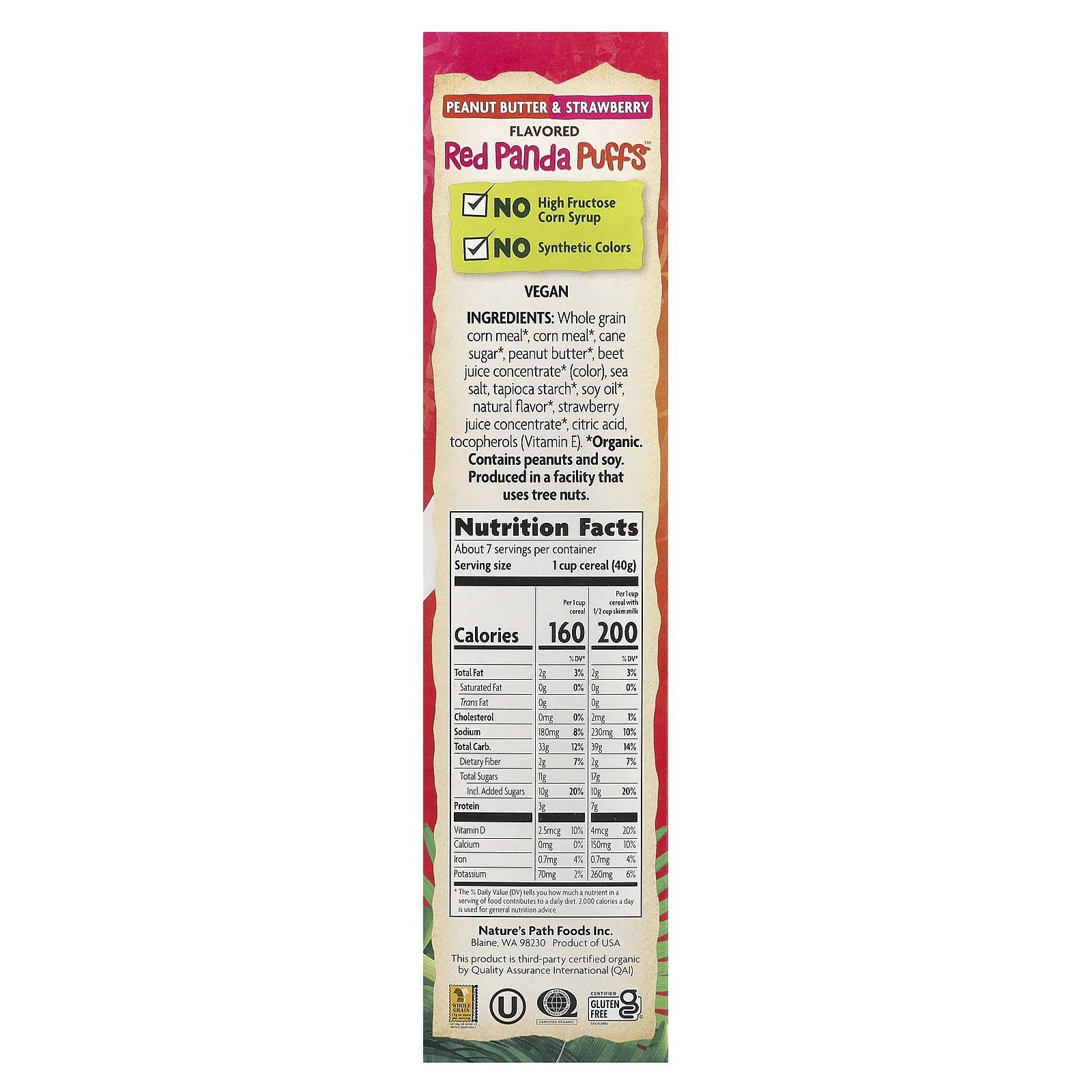 Nature's Path, Organic Red Panda Puffs ™, хлопья с арахисовым маслом и клубникой, 284 г (10 унций)