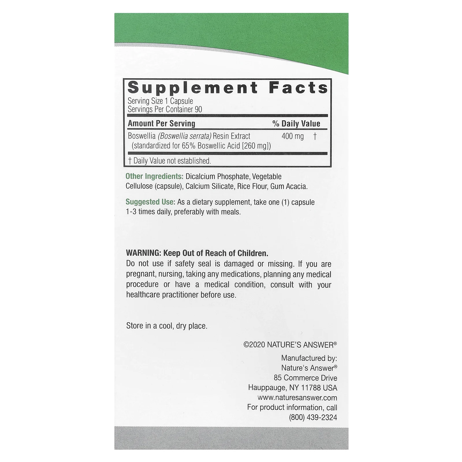 Nature's Answer, Босвеллия, 400 мг, 90 вегетарианских капсул