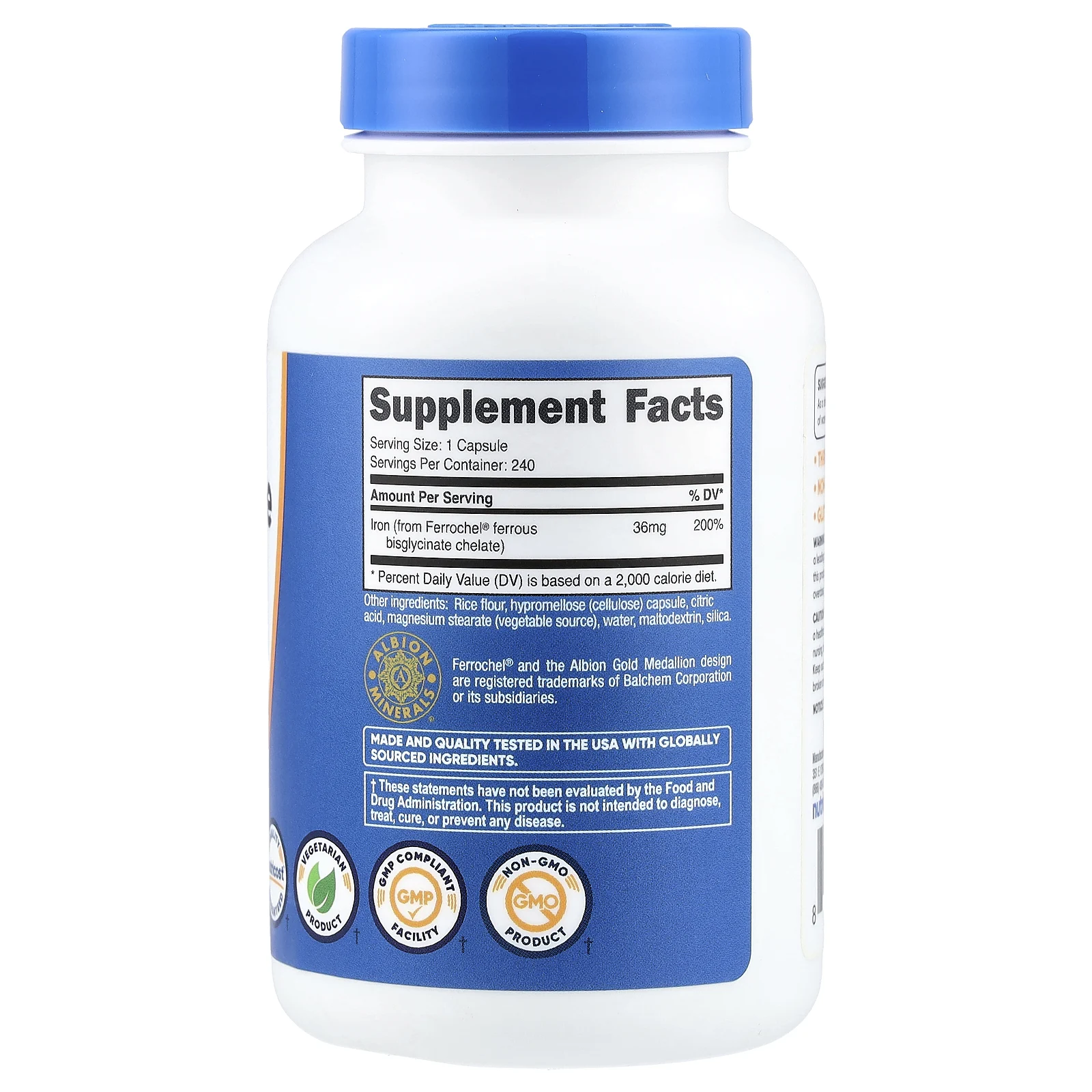 Nutricost, хелат железа из Ferrochel®, 36 мг, 240 капсул