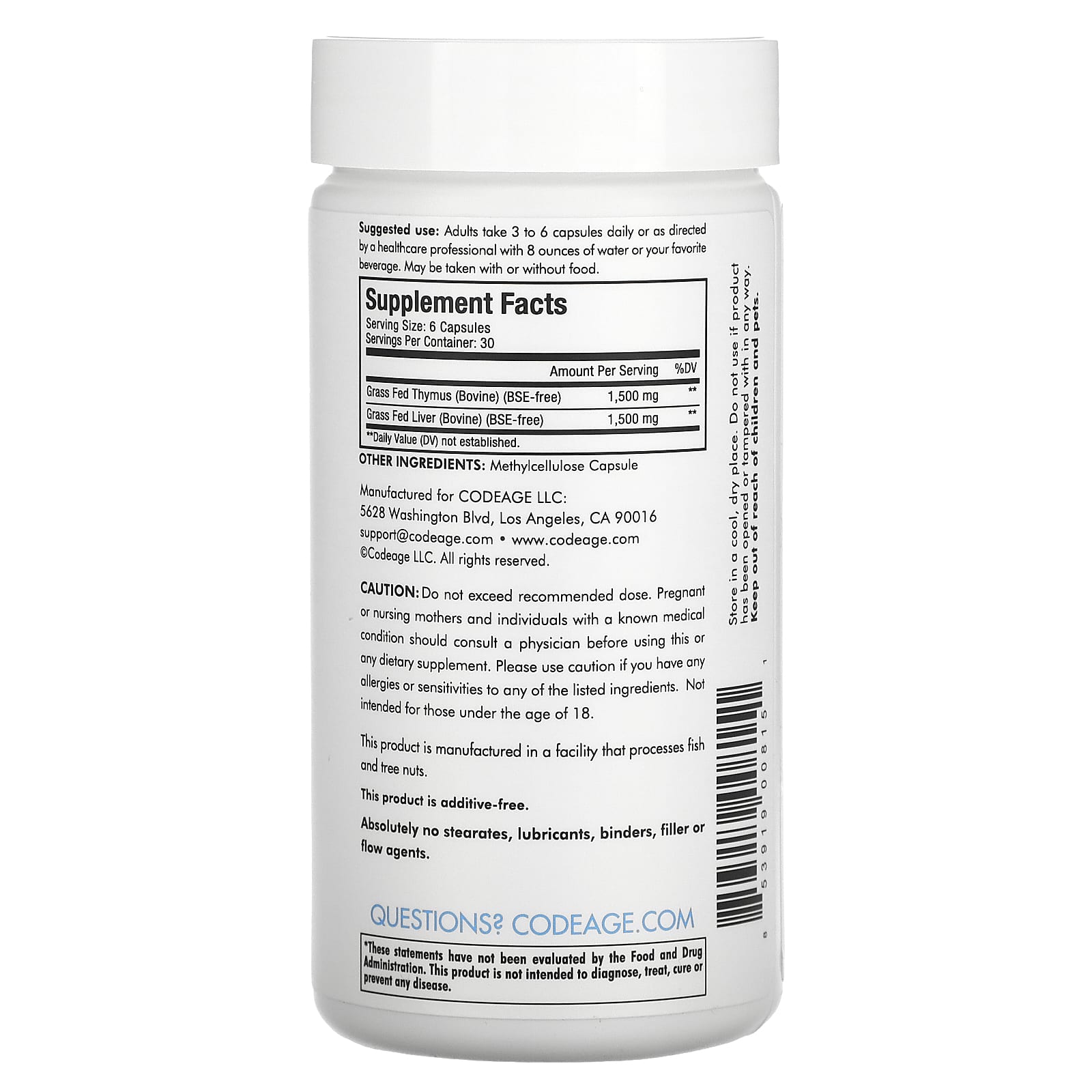 Codeage, говяжий тимус, 180 капсул