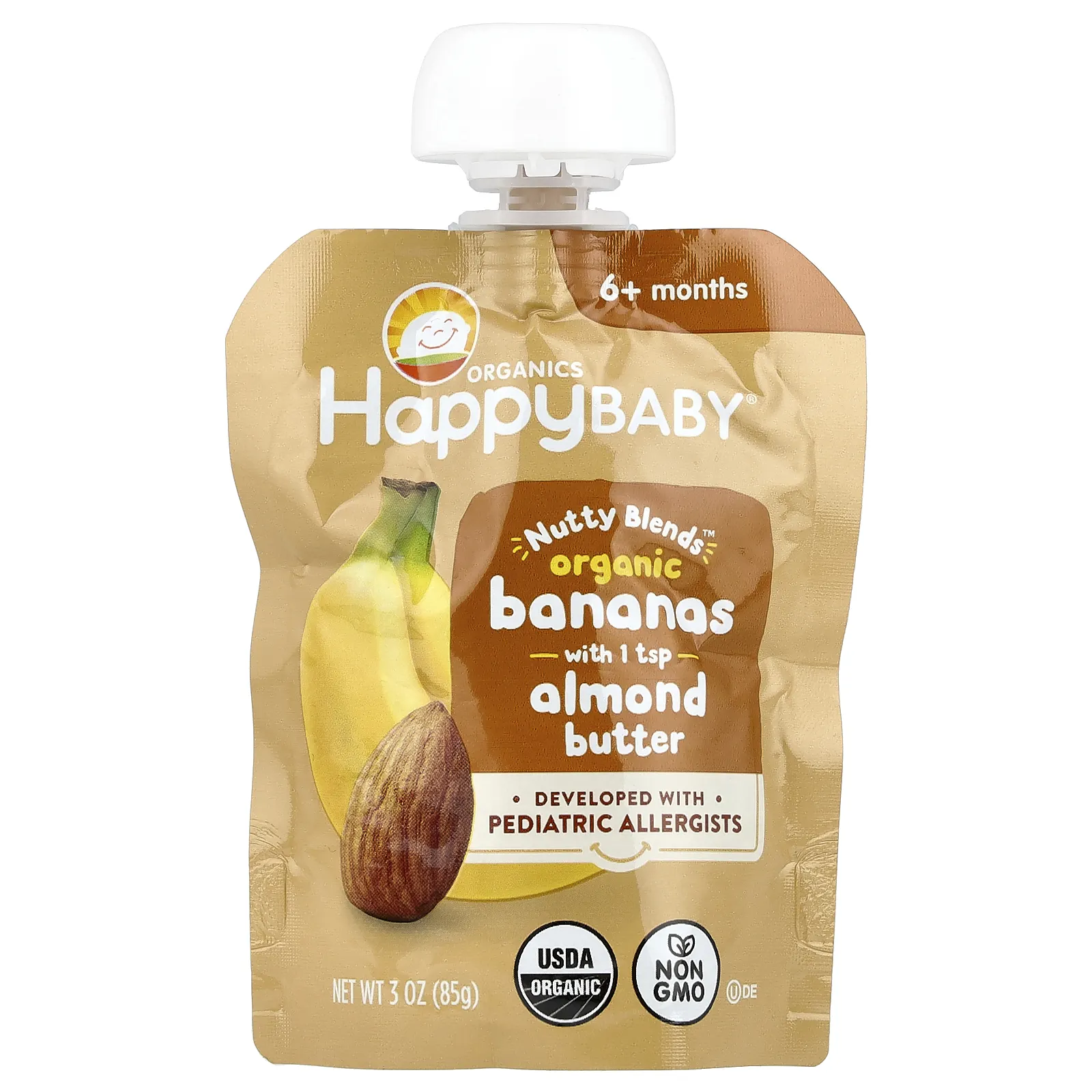 Happy Family Organics, Happy Baby®, Nutty Blends ™, для детей от 6 месяцев, органические бананы с 1/2 ч. Л. Миндального масла, 85 г (3 унции)
