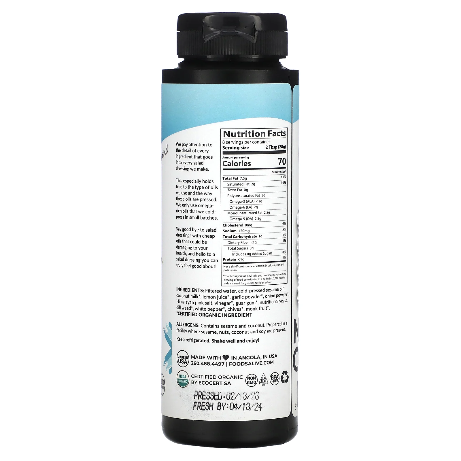 Foods Alive, органическая заправка с кунжутным маслом, веганский продукт, 236 мл (8 жидк. унций)